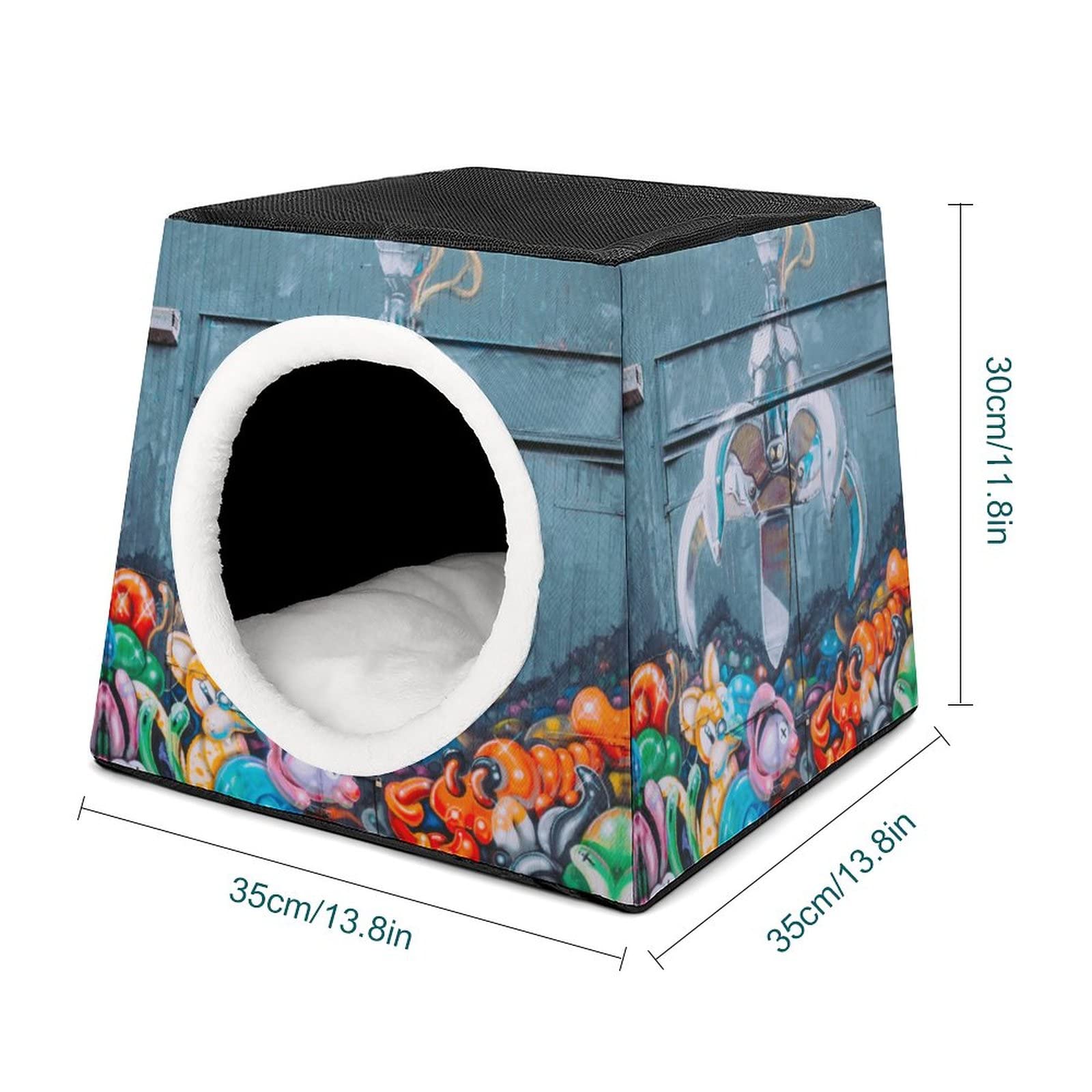 Printed Cat Cube Kitty House - Indoor Cat Bed & Small Dog Shelter - Warm Cozy Pet Sofa with Cartoon Animal Graffiti - Perfect for Home, Apartment & Office Pet Lounging