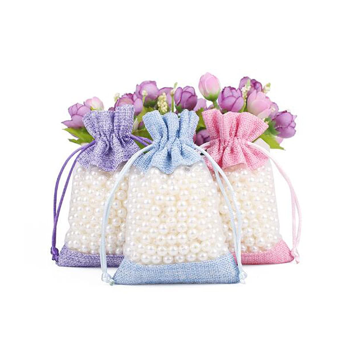 50 Pcs Pink Burlap Drawstring Bags 3.9