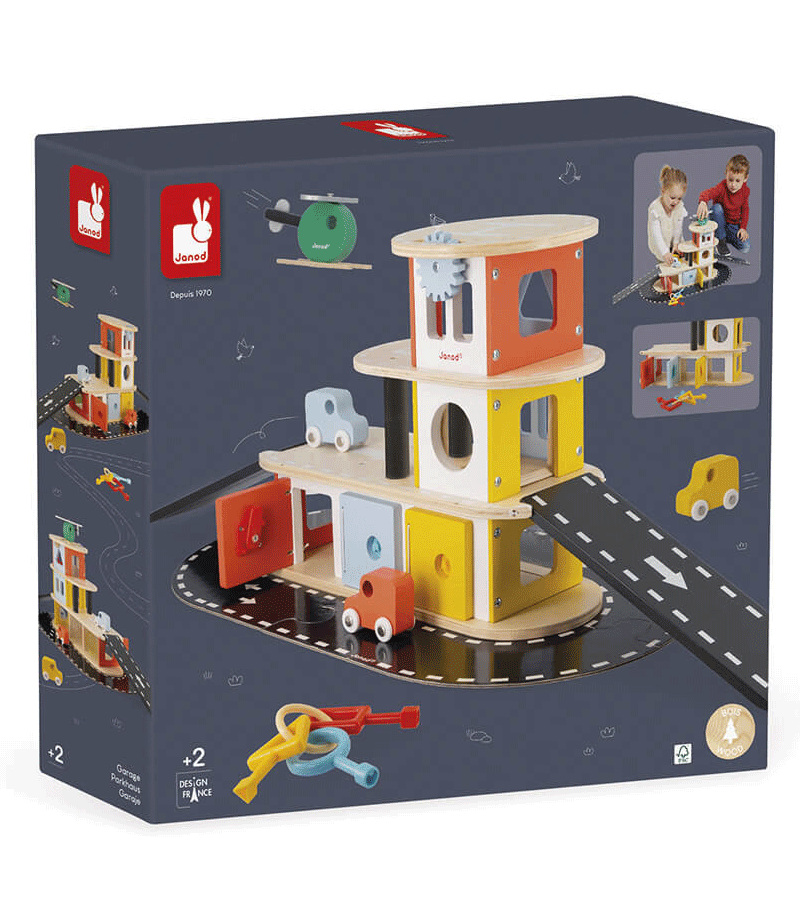 Janod Bolid Garage - Wooden Toy Car Garage for Kids with Elevator & Parking - Perfect for Pretend Play, Gift for Boys & Girls Ages 3+