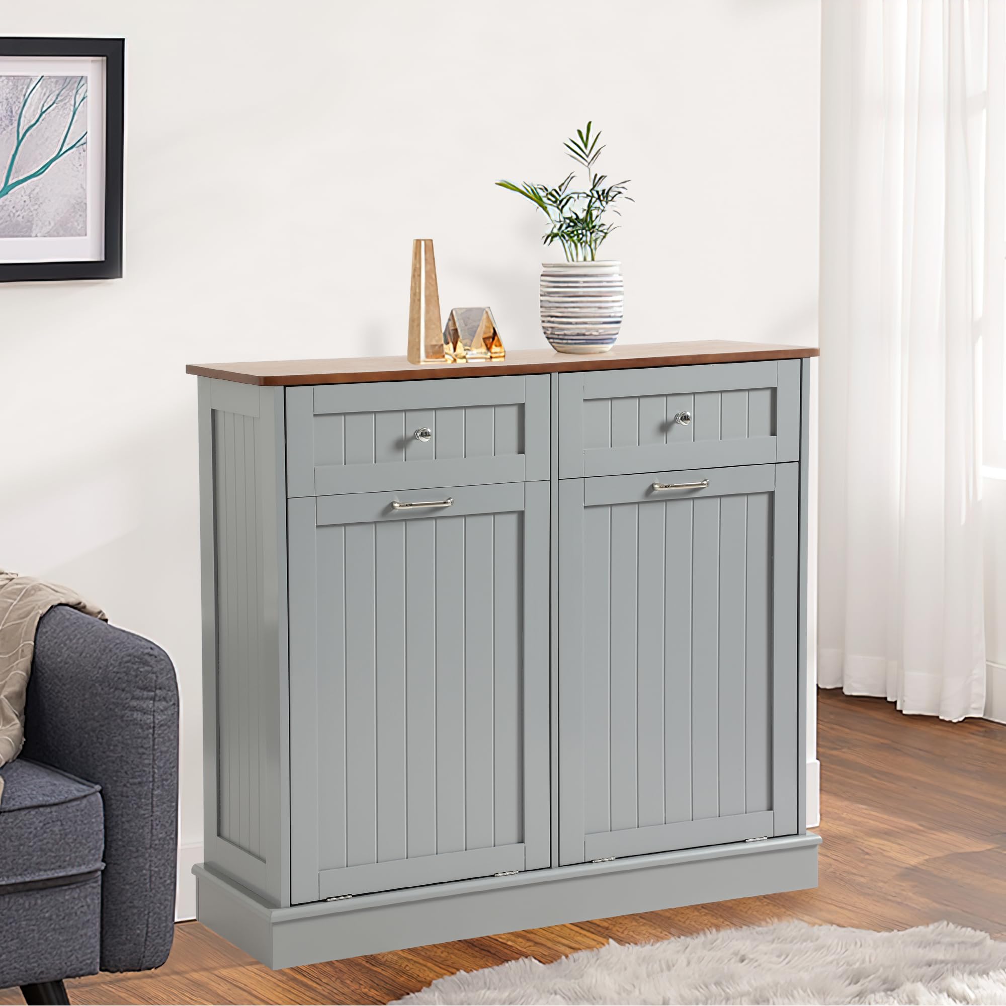 KIGOTY Double Tilt Out Trash Cabinet - Pet Proof Kitchen Trash Can with Countertop & Storage Drawer - Wooden Laundry Hamper Organizer for Kitchen, Bathroom, Laundry Room - Grey (Perfect for Small Spaces & Pet Owners)