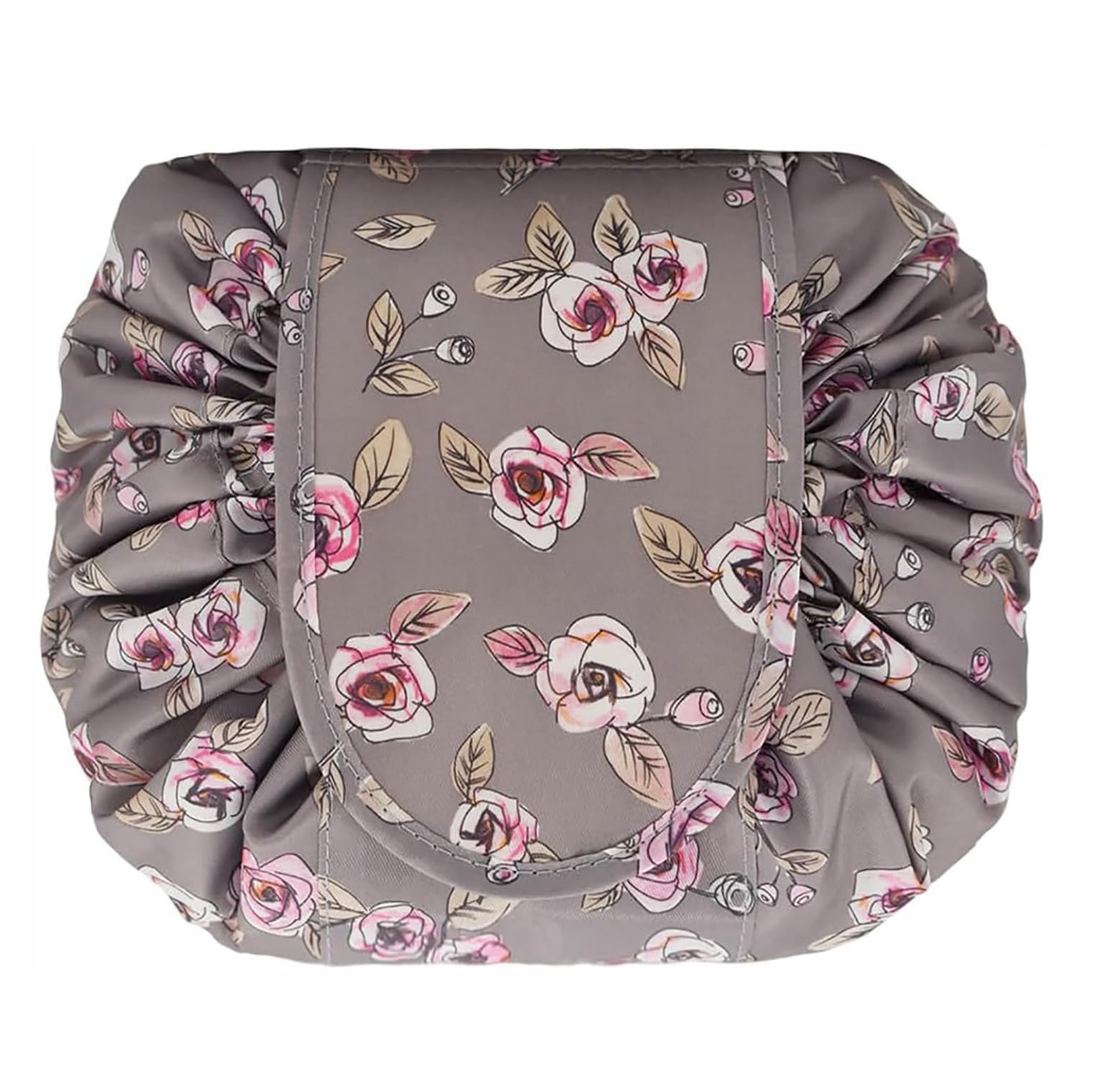 House of Quirk Multifunctional Drawstring Makeup Pouch - Cosmetic & Toiletry Organizer Bag for Women (Grey Floral Pattern) - Perfect for Travel, Gym & Daily Beauty Essentials Storage