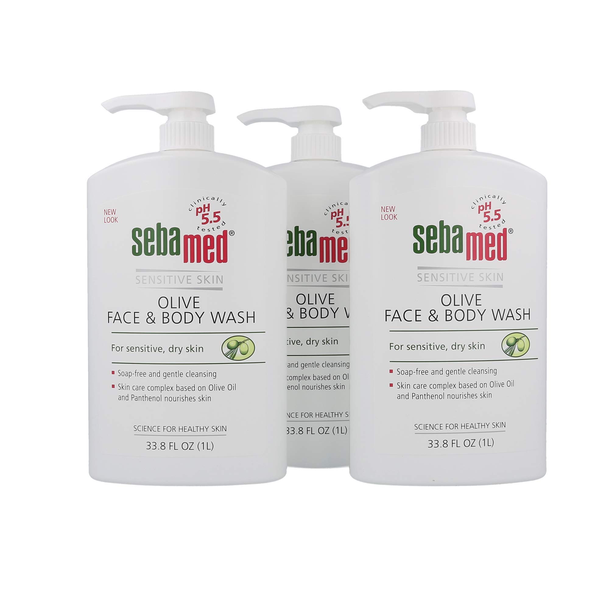 SEBAMED Olive Face and Body Wash for Sensitive Skin - pH 5.5 Ultra Mild Cleanser with Pump - Dermatologist Recommended - 33.8 fl oz (1 Liter) Pack of 3 - Gentle Daily Shower Gel for Dry, Irritated Skin - Perfect for Babies, Kids & Adults
