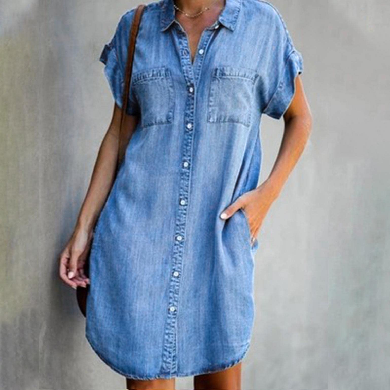 RKSTN Women's Loose Fit Denim Button Down Dress - Casual Short Sleeve Midi Dress for Summer | Perfect for Beach Outings, Weekend Brunch & Casual Office Wear