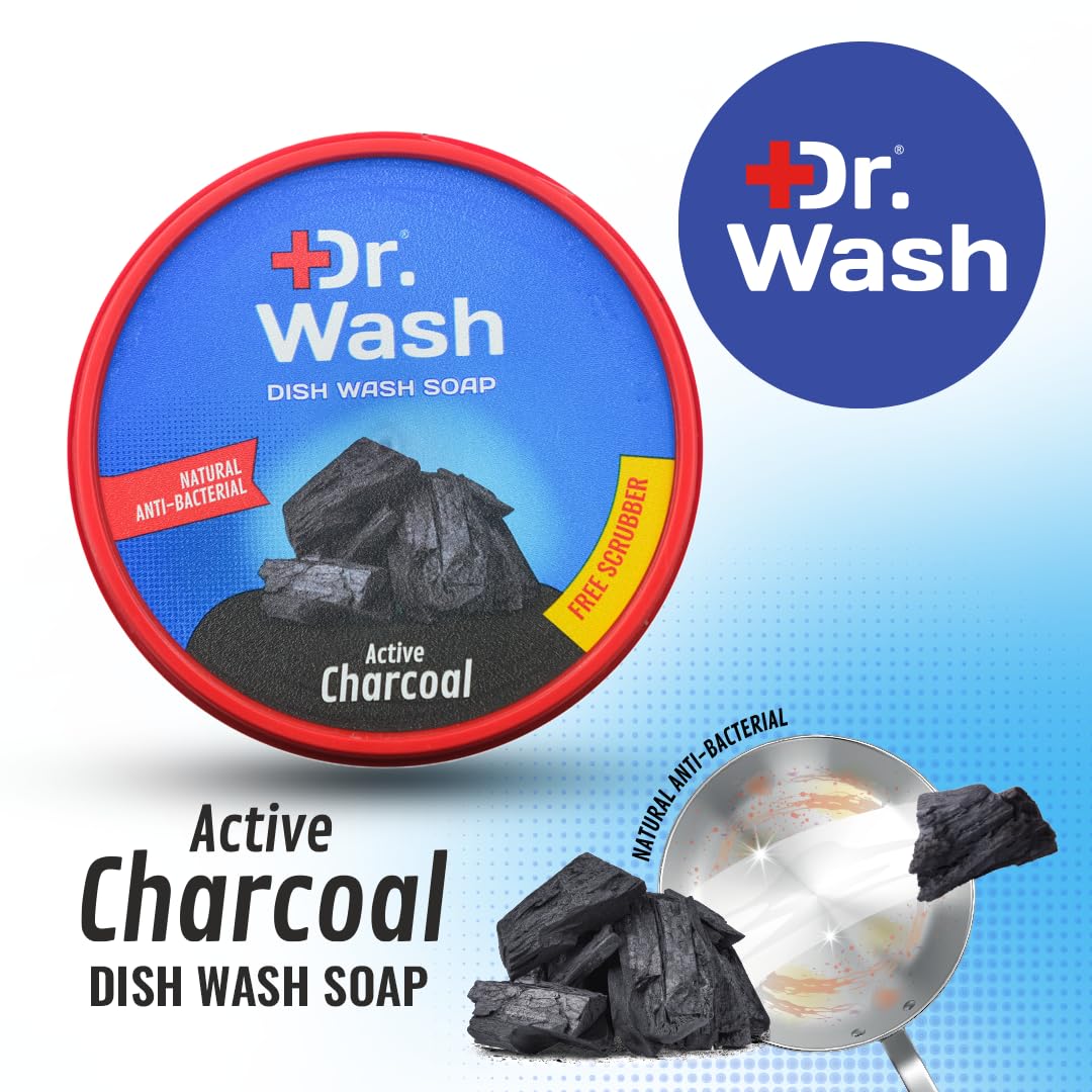 DR WASH Active Charcoal Dish Washing Soap with Scrubber - Deep Cleaning Kitchen Sponge for Pots, Pans & Utensils - Pack of 3 (Eco-Friendly, Natural Degreaser) - Perfect for Daily Dishwashing & Tough Grease Removal