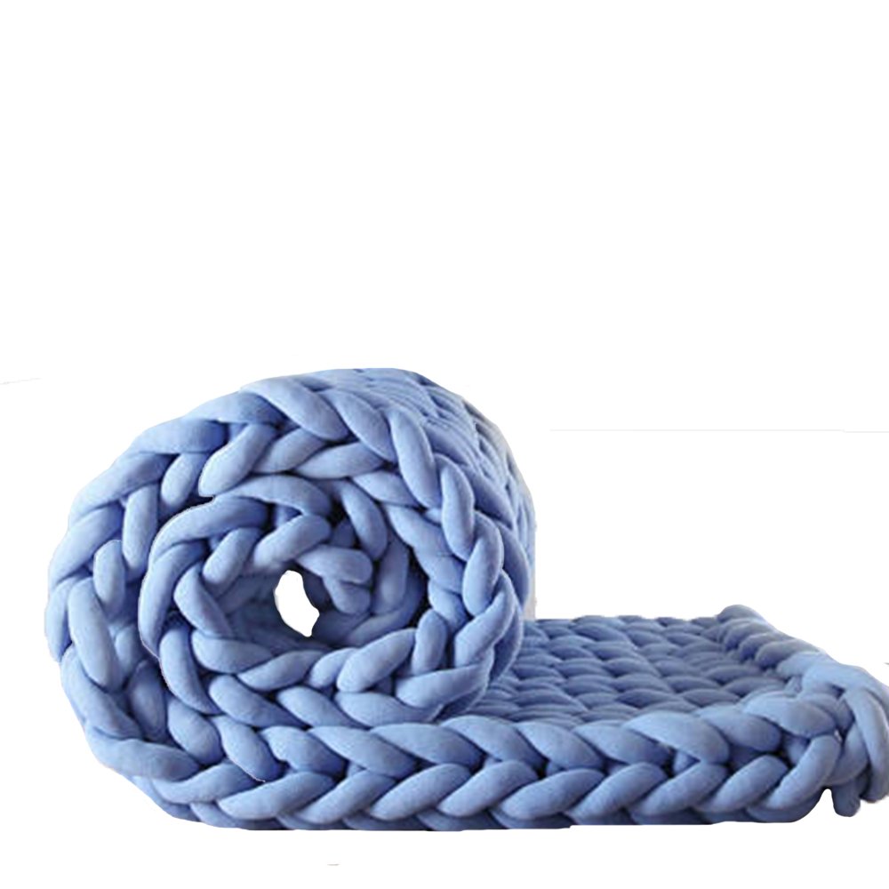 Chunky Knit Blanket - 79x79in Large Braided Light Blue Vegan Throw - Machine Washable Arm Knit Blanket for Cozy Living Room, Bedroom & Sofa Decor