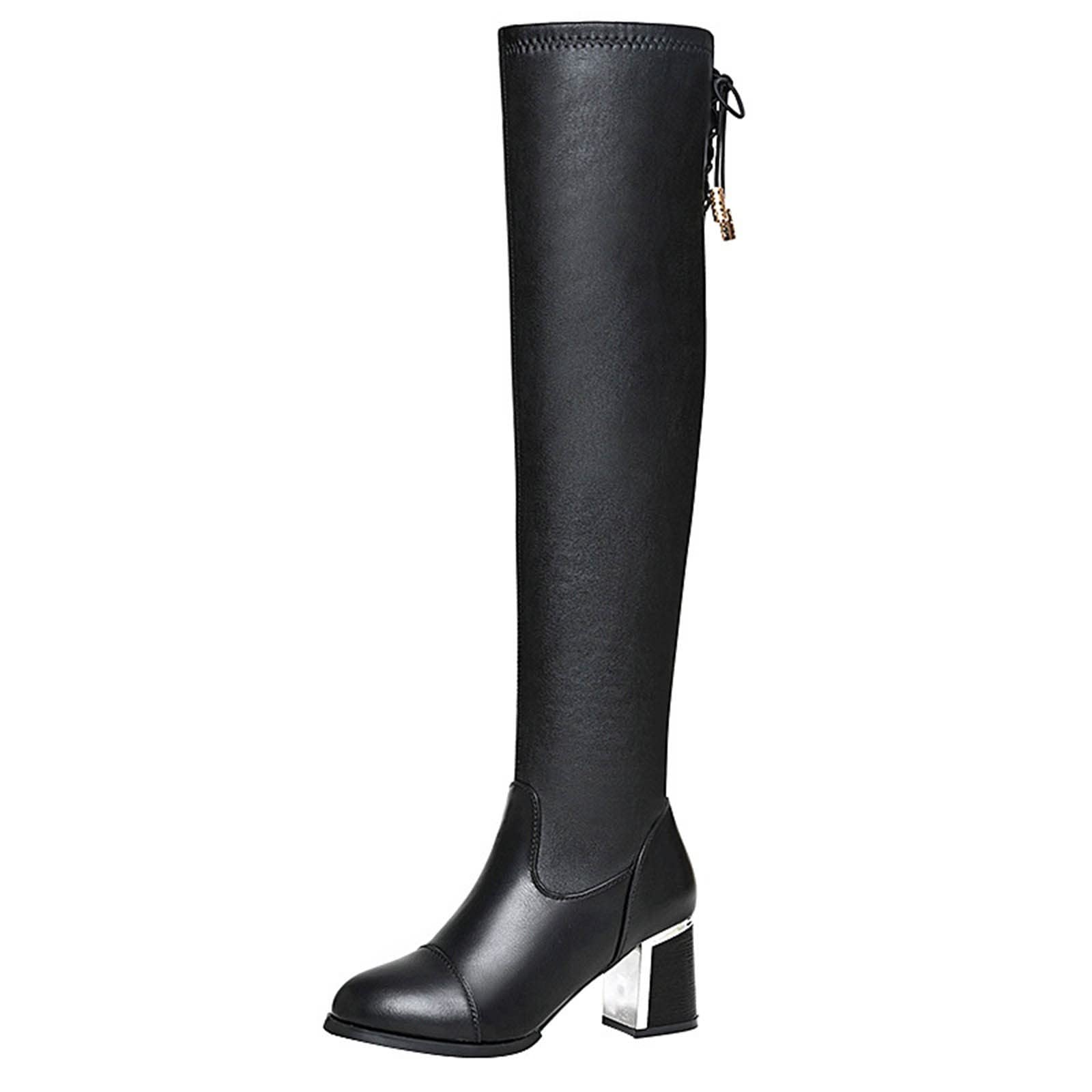 Retro Women's Winter Boots with Buckle & Zipper - Chunky Heel Knee High Thigh Boots for Women - Breathable Comfortable Barrel Boots - Black Size 8.5 - Perfect for Cold Weather, Snow & Outdoor Activities