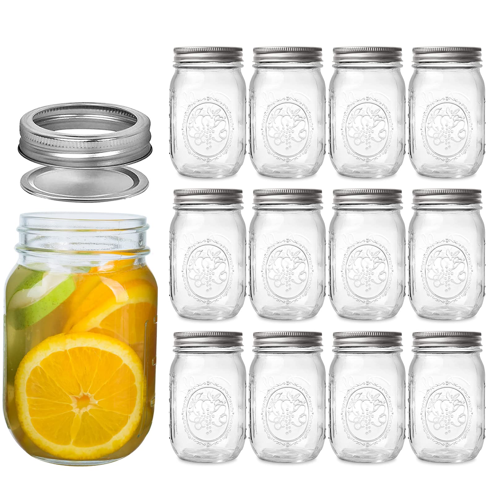 12 Pack 16 oz Mason Jars with Airtight Lids - Wide Mouth Canning Jars for Overnight Oats, Smoothies, Meal Prep, Food Storage, Pickling & Preserving | Ideal for Kitchen, Pantry & DIY Projects