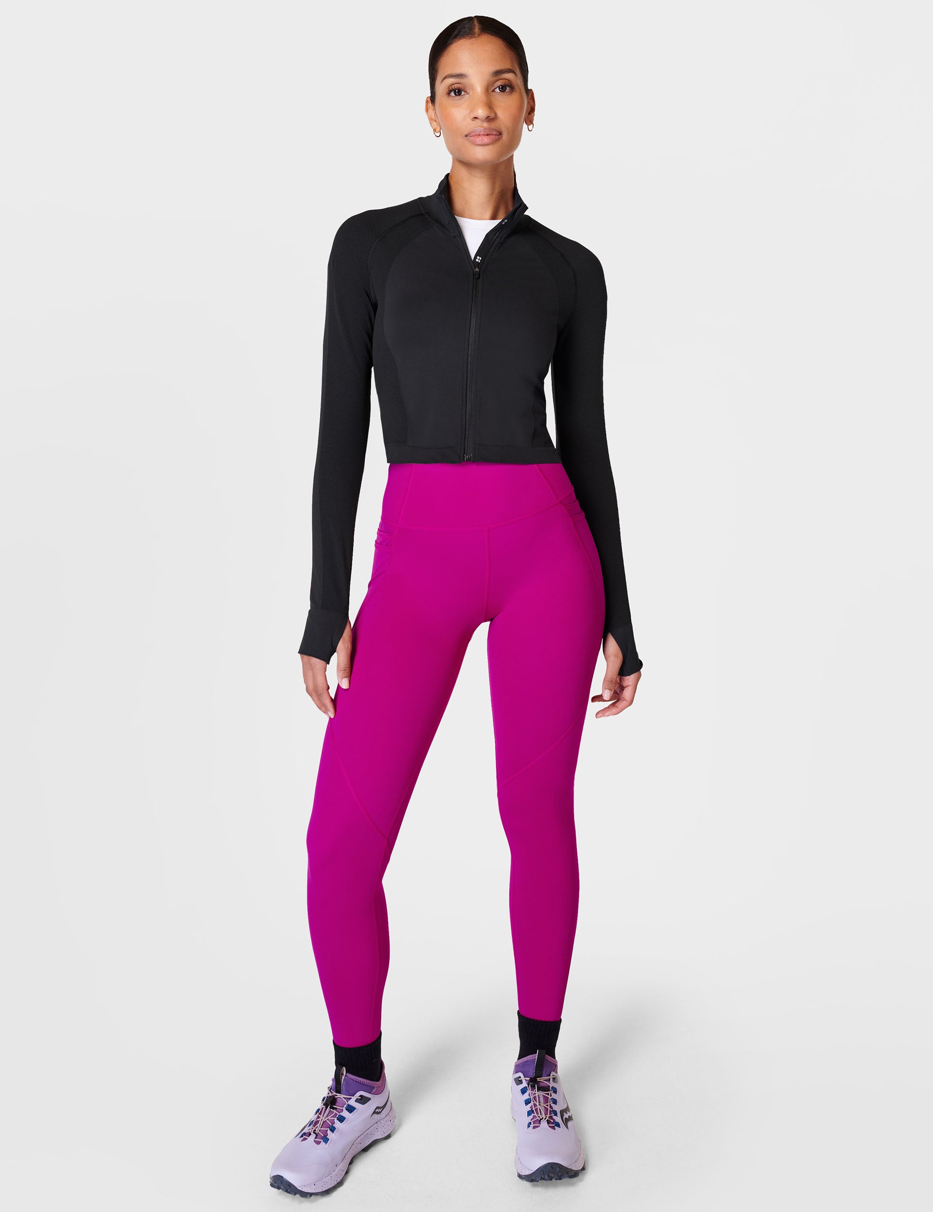 Seamless Zip-Up Gym Crop Top for Women - Black | Workout, Yoga & Running Activewear