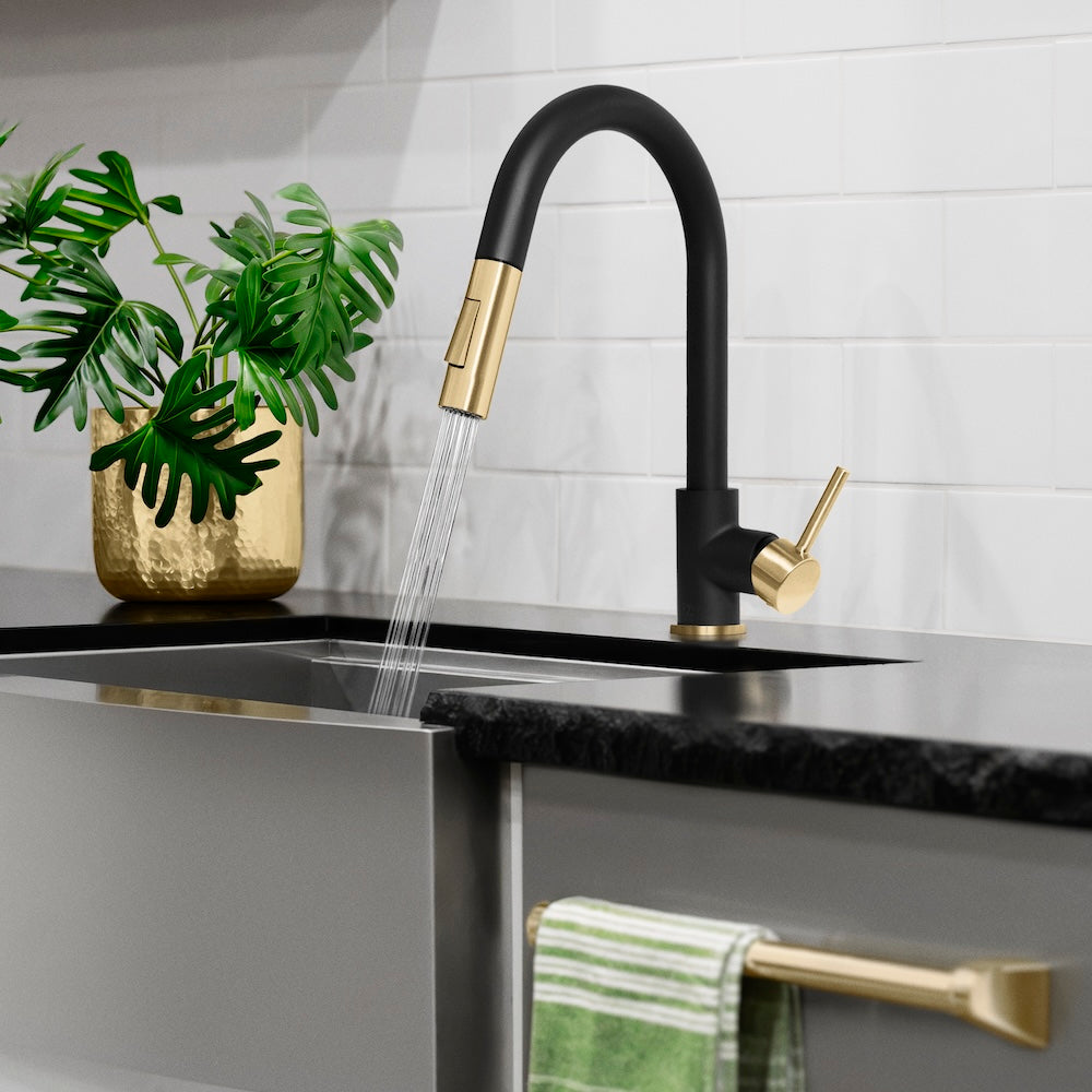 ZLINE Autograph Edition Gemini Pull Down Single Handle Matte Black and Champagne Bronze Kitchen Faucet - Perfect for Modern Farmhouse & Industrial Style Kitchens (GEM KF ZMBCB)