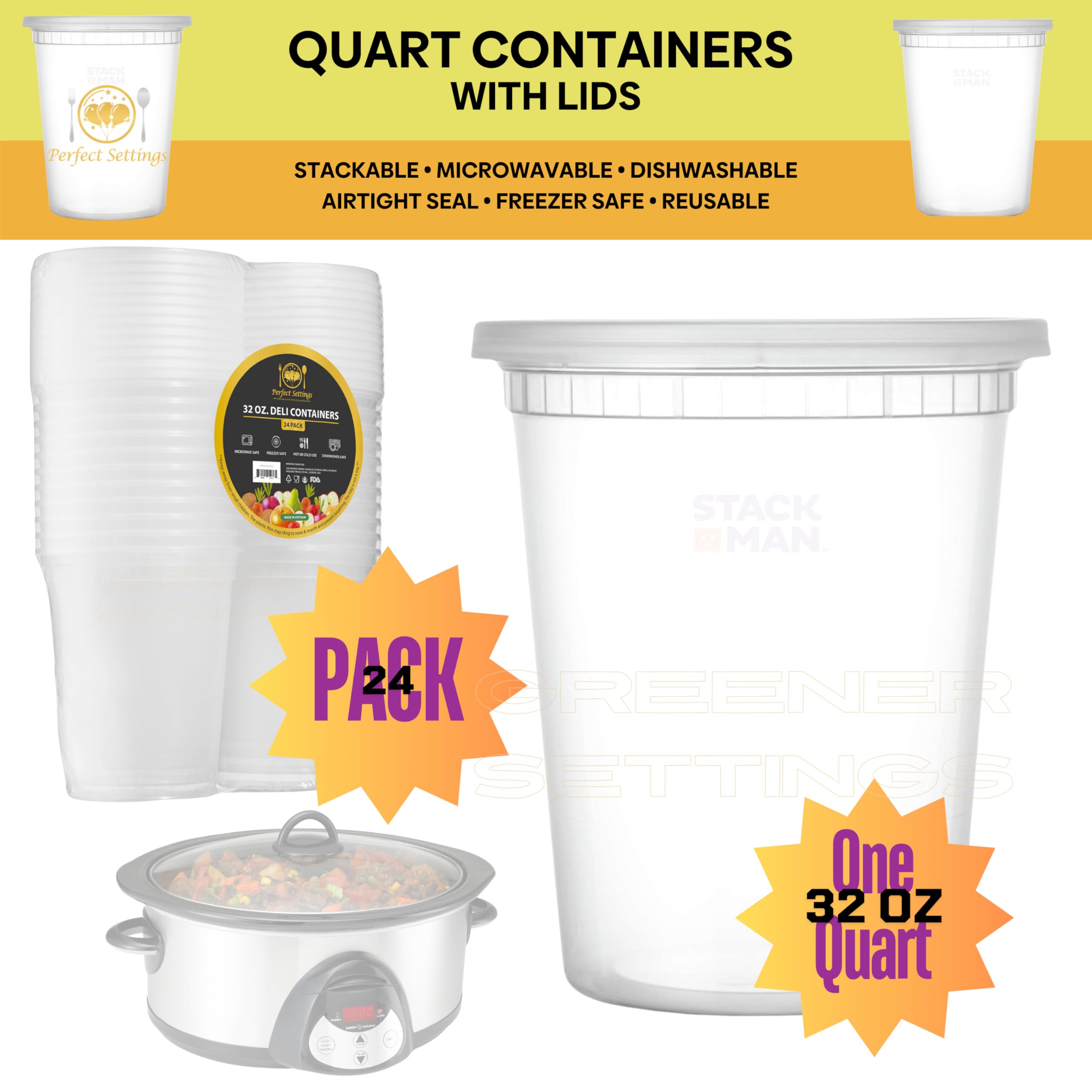 32oz Deli Containers with Lids (24-Pack) - Leakproof, Stackable & Microwave Safe Plastic Food Storage Containers - Ideal for Meal Prep, Leftovers, Soup Storage, Freezer Use & Takeout