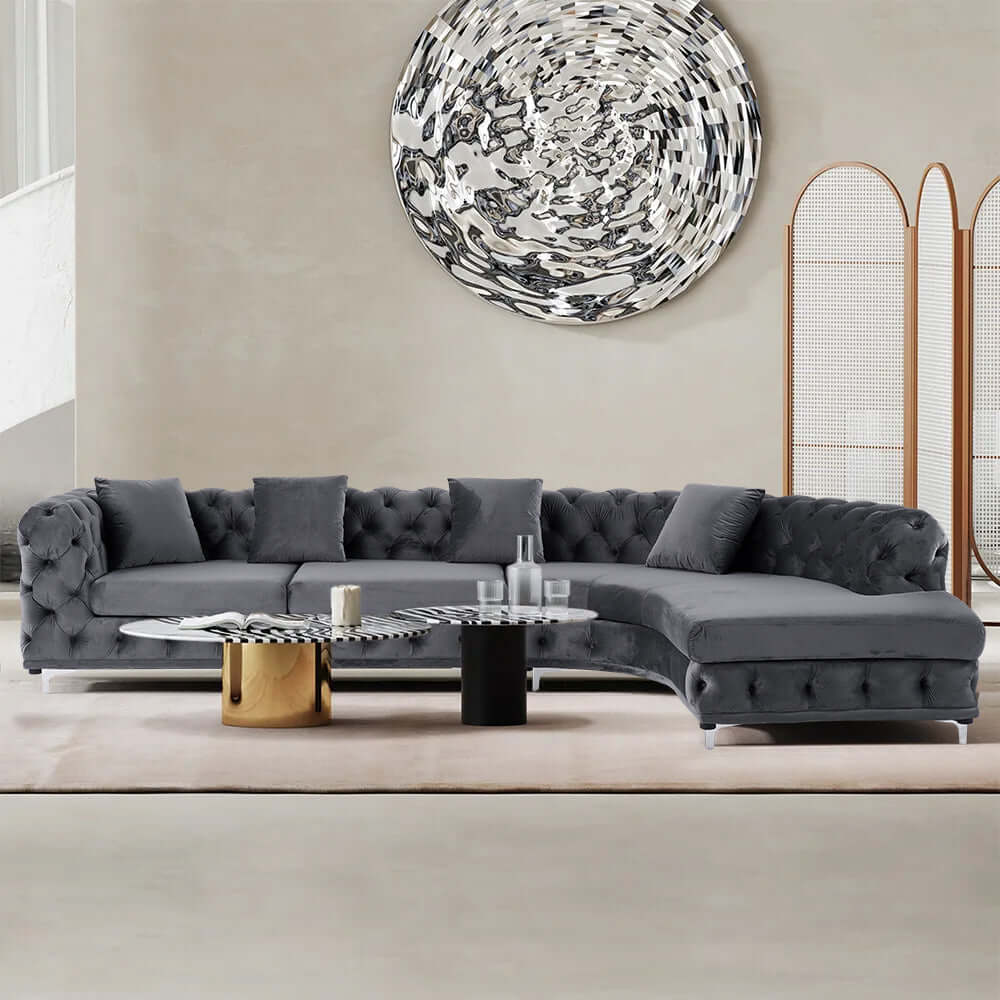 L-Shaped Curved Gray Velvet Sectional Sofa - Modern Chesterfield Style Living Room Couch for Small Spaces & Apartments | Perfect for Lounge, TV Room & Home Theater