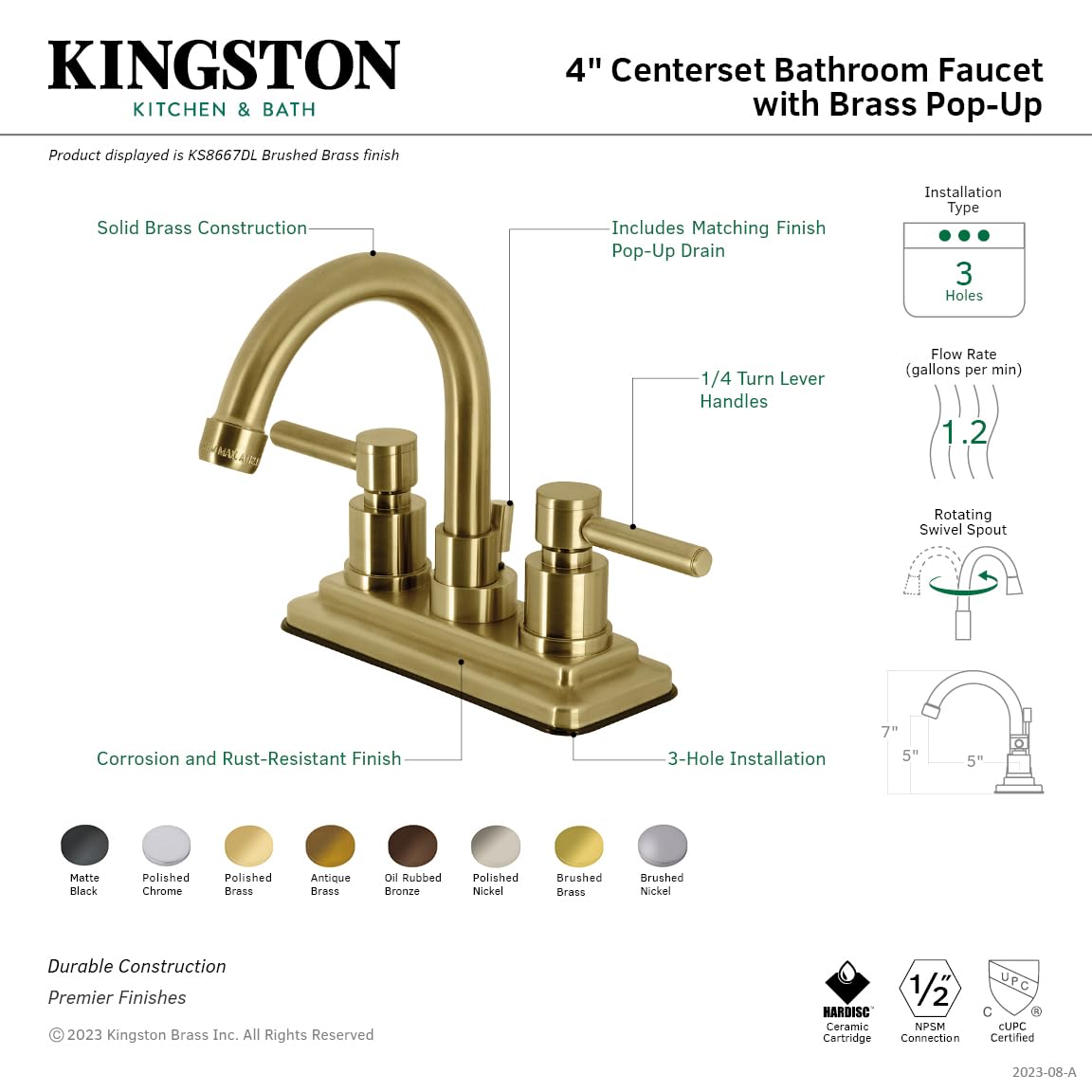 Elements of Design Nuvo ES8668DL South Beach 4-Inch 2-Handle Centerset Bathroom Sink Faucet with Brass Pop-Up Drain, 4-7/8