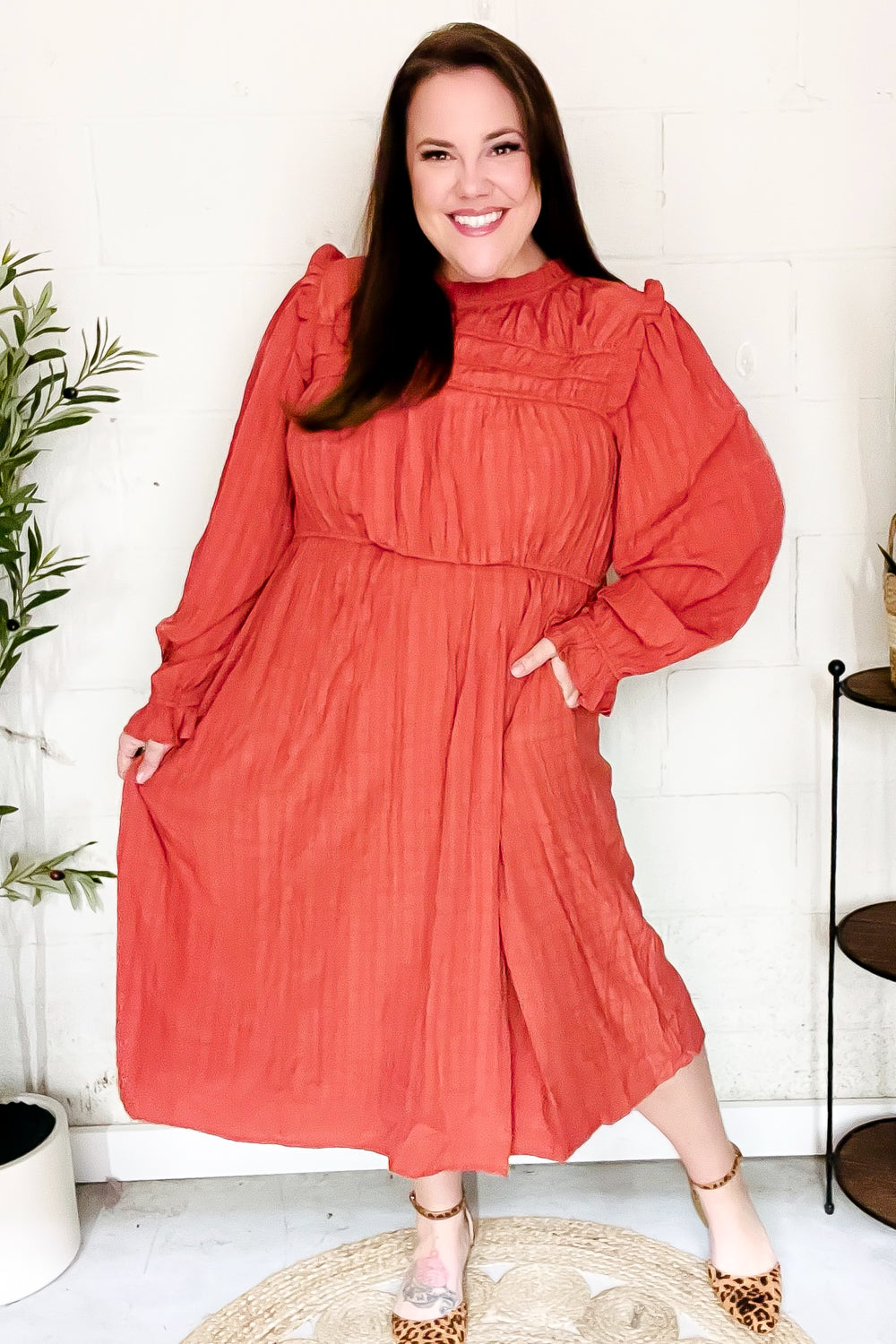 Love Found Rust Mock Neck Embossed Lined Dress - Elegant Fall Women's Dress for Date Night, Office Wear & Special Occasions