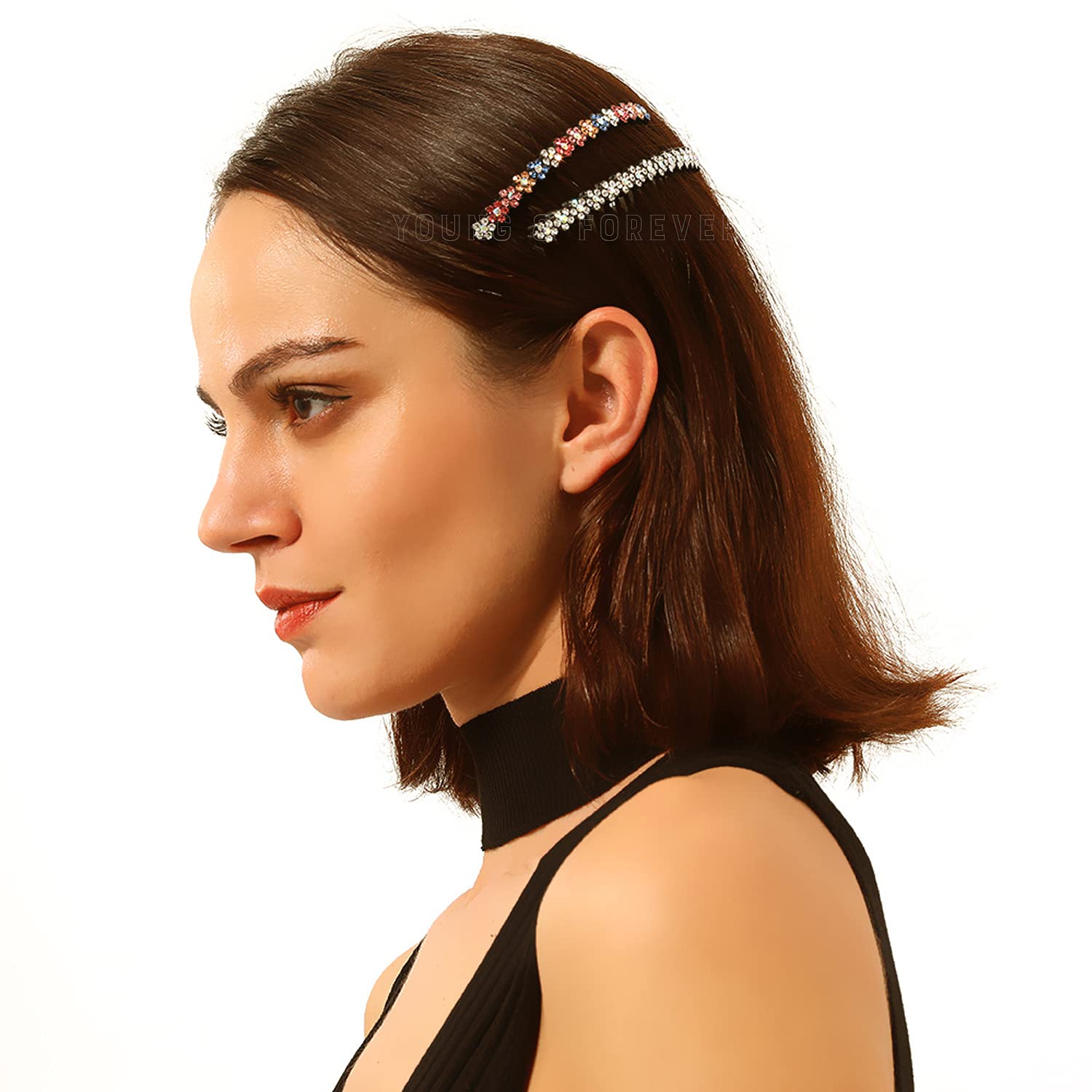 Young & Forever Blue Rhinestone Hair Side Combs for Women - 24 Teeth Plastic Decorative Hair Clips & Hairpins - Perfect for Weddings, Prom, Parties & Special Occasions