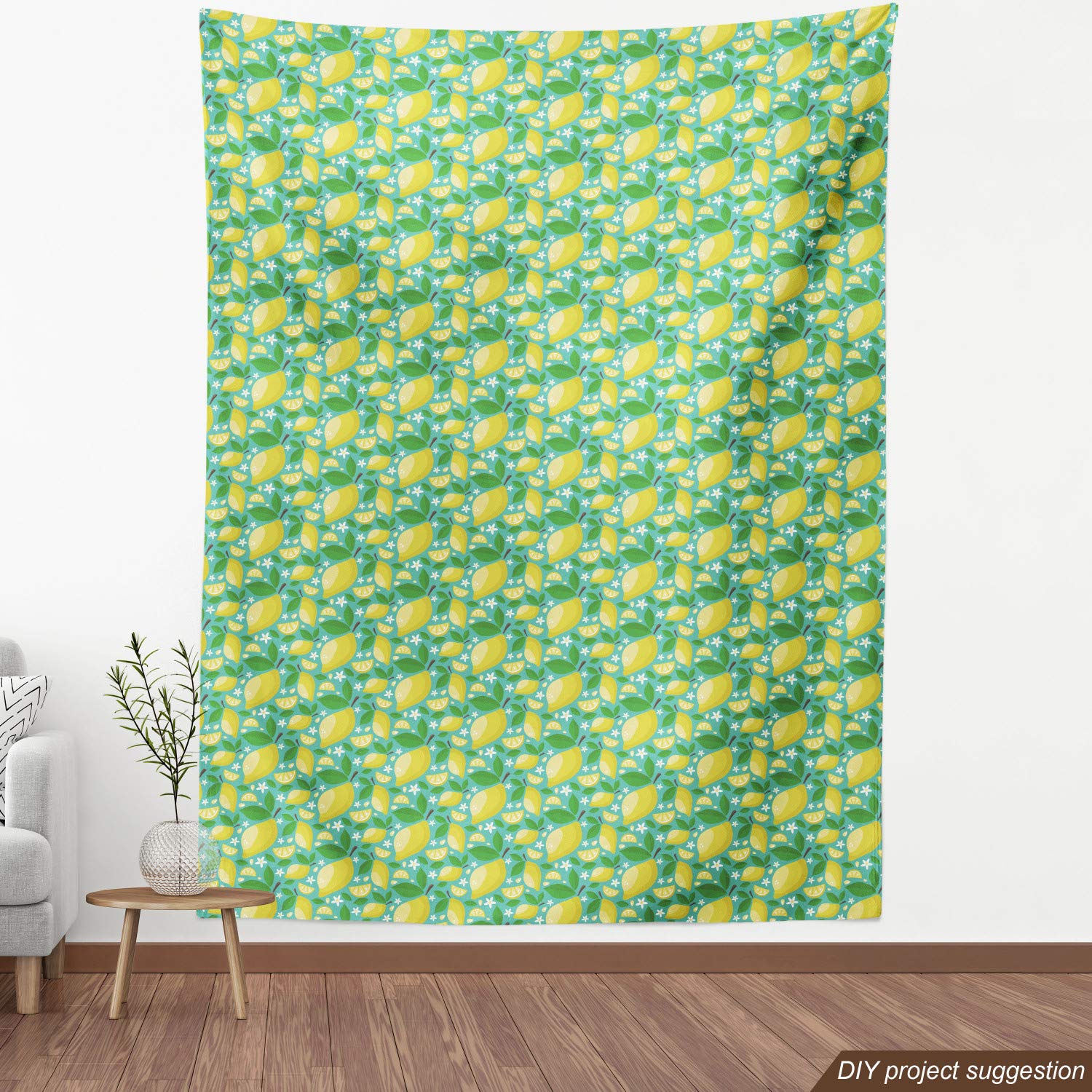 Ambesonne Floral Fabric by The Yard - Cartoon Style Lemon Leaves & Blooming Flowers Summer Garden Print - 10 Yards Seafoam Green & Yellow Upholstery Fabric for Sofa, Curtains, Pillows & Home Decor | Perfect for DIY Projects, Nursery Decor & Coastal Themed Rooms