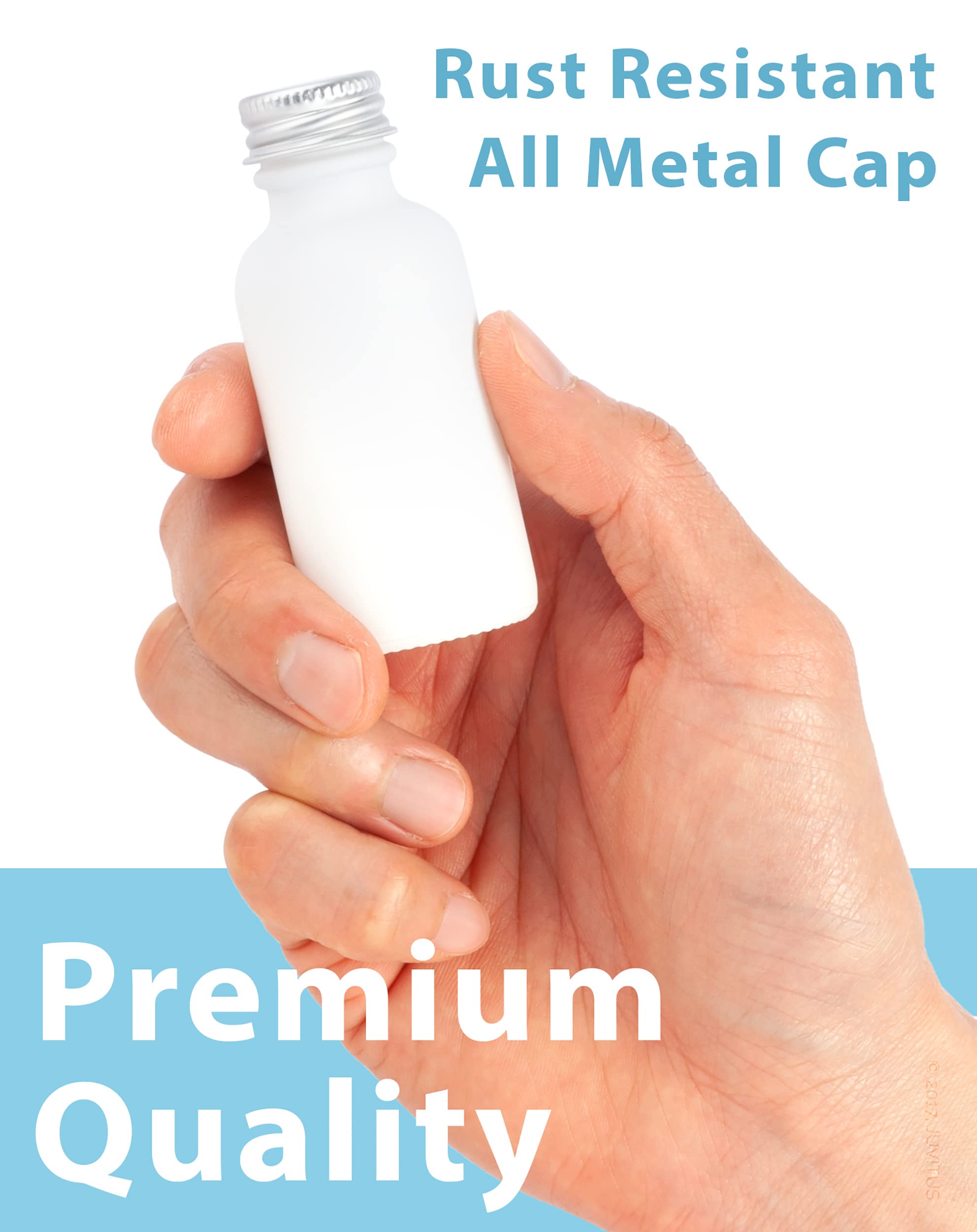 JUVITUS 2 oz Opal White Glass Boston Round Bottle with Silver Screw On Cap (12 Pack) + Funnel - Essential Oil Bottles, DIY Perfume Containers, Travel Toiletry Storage - Perfect for Aromatherapy, Crafting & Home Organization
