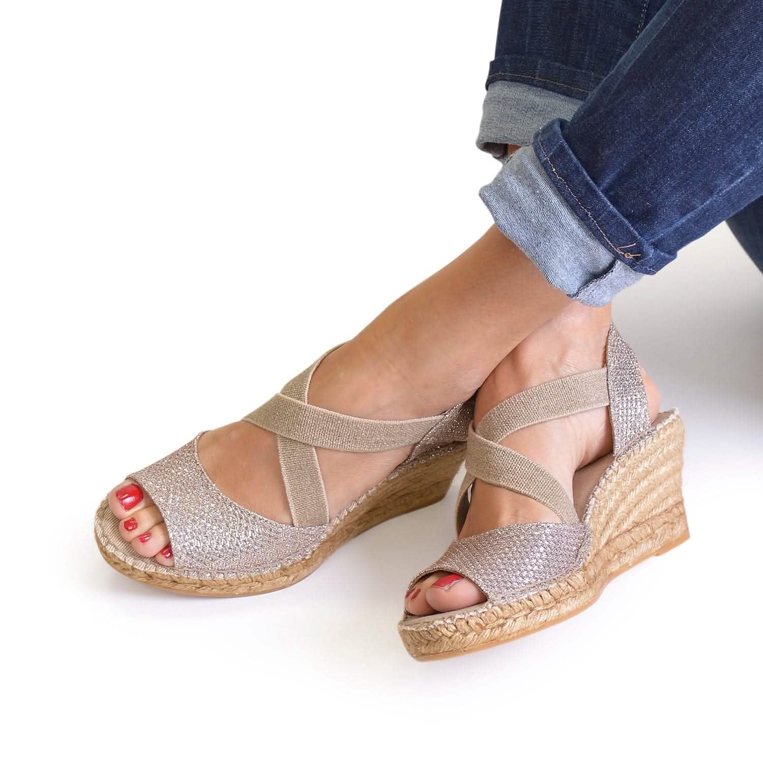 Women's Metallic Cotton Blend Wedge Espadrille Sandals - Comfortable Summer Shoes for Beach, Vacation & Casual Outings