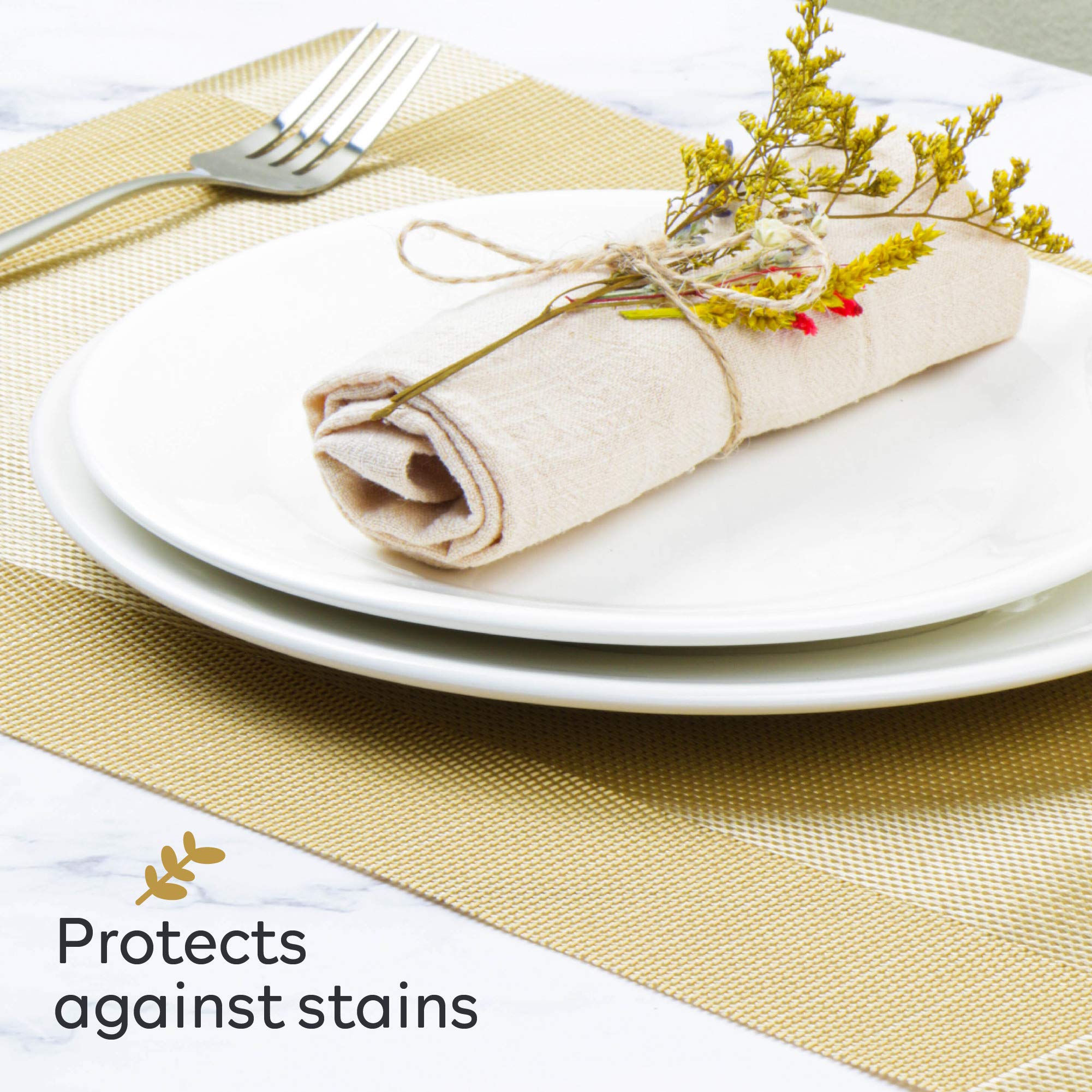 Premium Gold Placemats Set of 6 - 18x12 Inch Heat Resistant Table Mats for Kitchen & Dining | Non-Slip Woven Vinyl Placemats - Waterproof, Washable & Easy Clean | Perfect for Everyday Meals, Dinner Parties & Holiday Gatherings