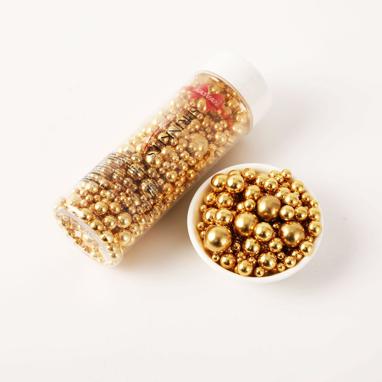 **Kasvan Gold Pearl Sugar Sprinkles - Edible Candy Pearls 130g/4.58 Oz for Cake, Cookie & Ice Cream Decorations - Mix Size Baking Decor - Perfect for Birthday, Wedding & Dessert Toppings**