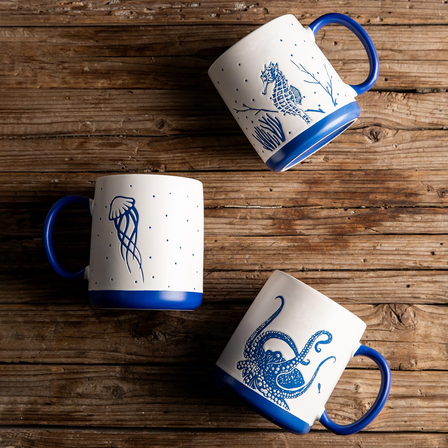 AmorArc 18oz Large Ceramic Coffee Mugs Set of 6 - Sea Life Textured Tea Latte Cups - Microwave & Dishwasher Safe - Matte White - Perfect for Home, Office, Cafe & Gifts