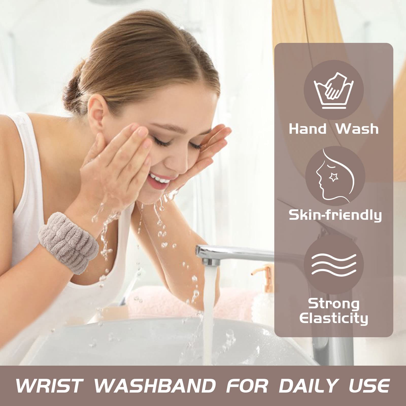 Microfiber Face Washing Wristbands - Absorbent Wrist Towel for Skincare & Makeup | Prevents Water & Cleanser Drips | Ideal for Facial Cleansing, Shaving & Beauty Routines (White, Light Brown)