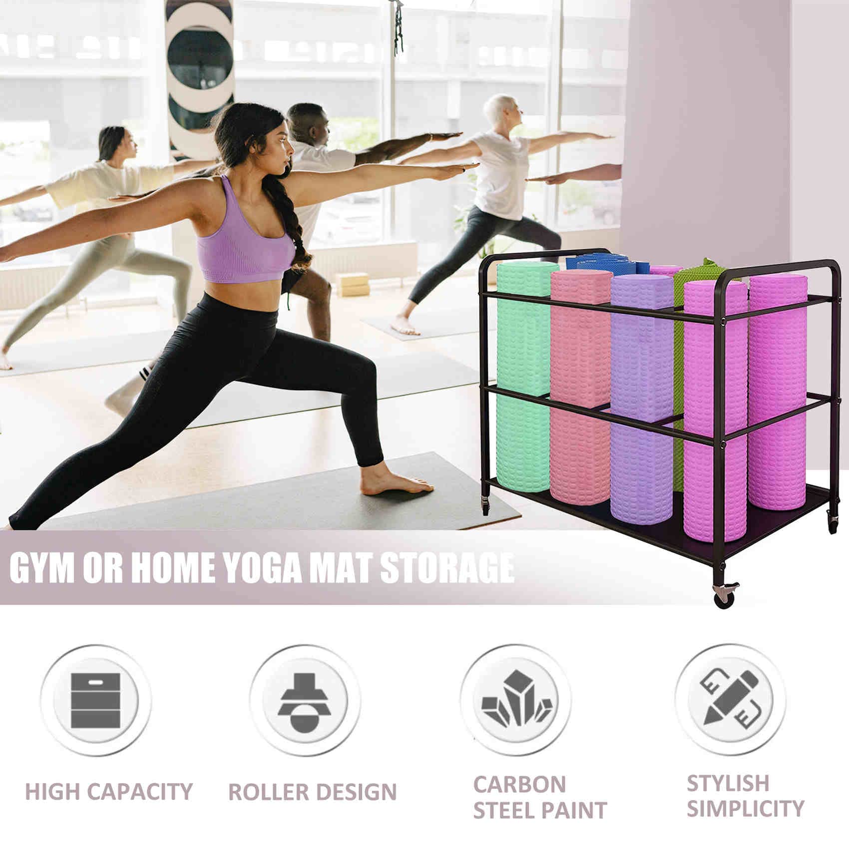 Premium Yoga Mat Storage Rack with Wheels - Heavy Duty Home Gym Organizer for Yoga Mats, Dumbbells, Kettlebells, Resistance Bands & Workout Equipment - Perfect for Home Gym, Yoga Studio & Fitness Room Organization