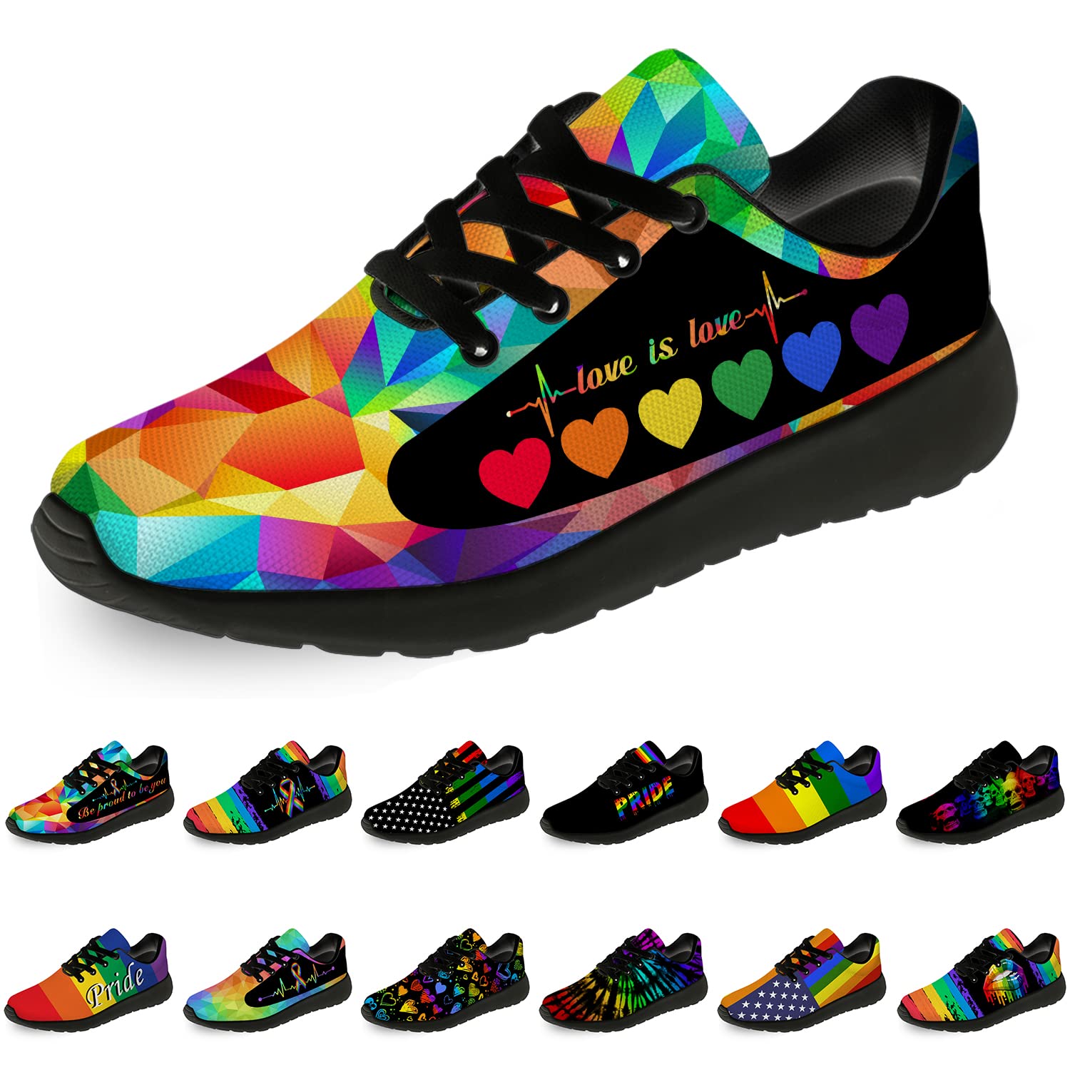 Unisex Pride Month Running Shoes - Rainbow Hearts LGBT Sneakers for Men & Women (Size 11 Men/13 Women) - Perfect for Walking, Tennis & LGBTQ+ Celebrations