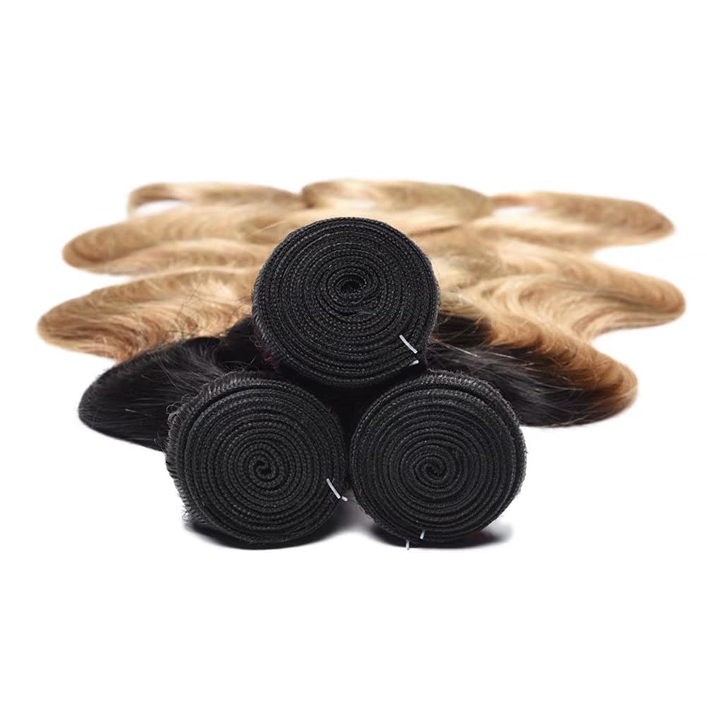 WOME Brazilian Ombre Human Hair Bundles - 3 Bundles Unprocessed #1B/27 Blonde Ombre Two Tone Hair Wefts Extensions (10