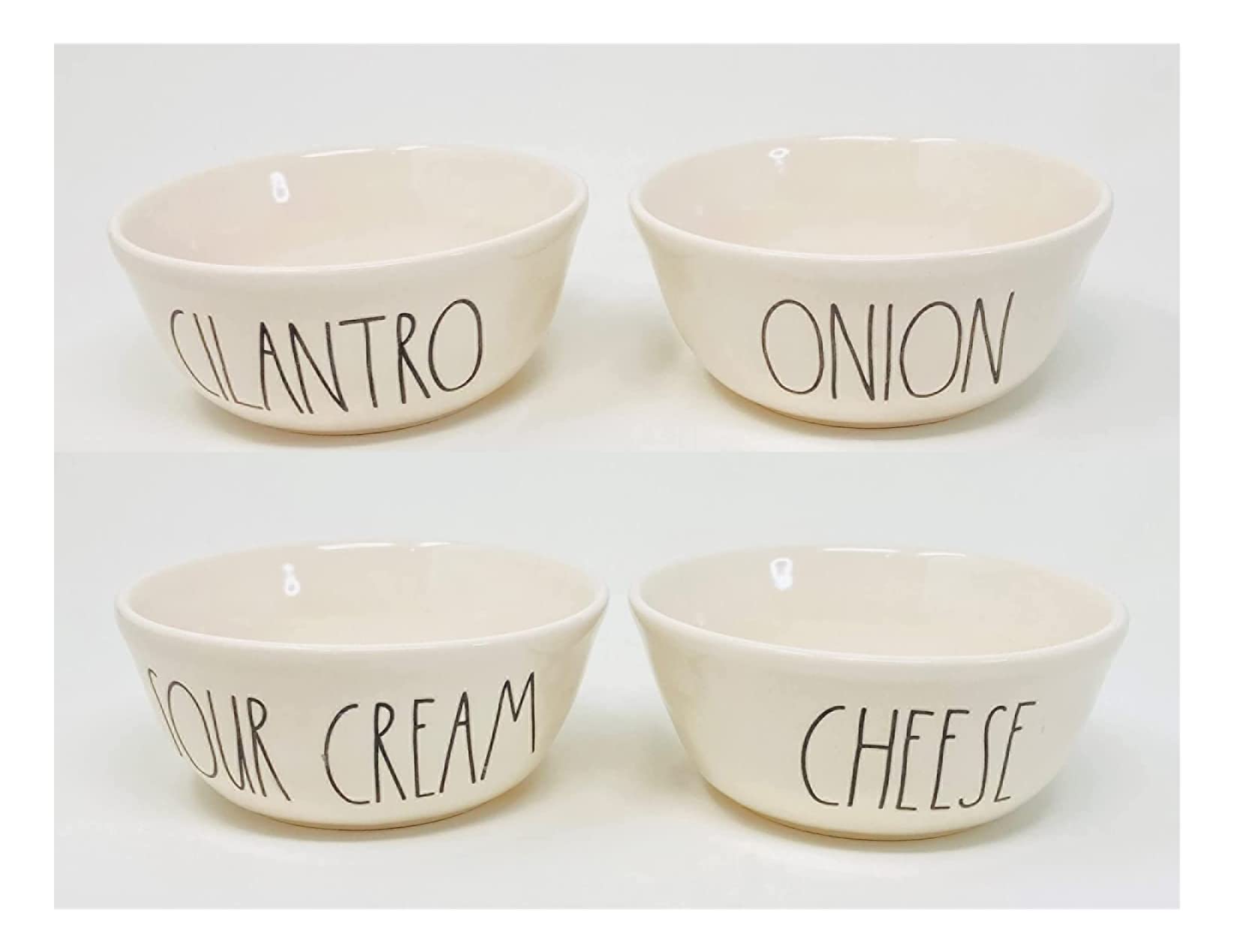 Rae Dunn Artisan Collection by Magenta - Set of 4 Ceramic Serving Bowls for Taco Night (Sour Cream, Cheese, Cilantro, Onion) - Perfect for Mexican Food Parties, Family Dinners & Entertaining Guests