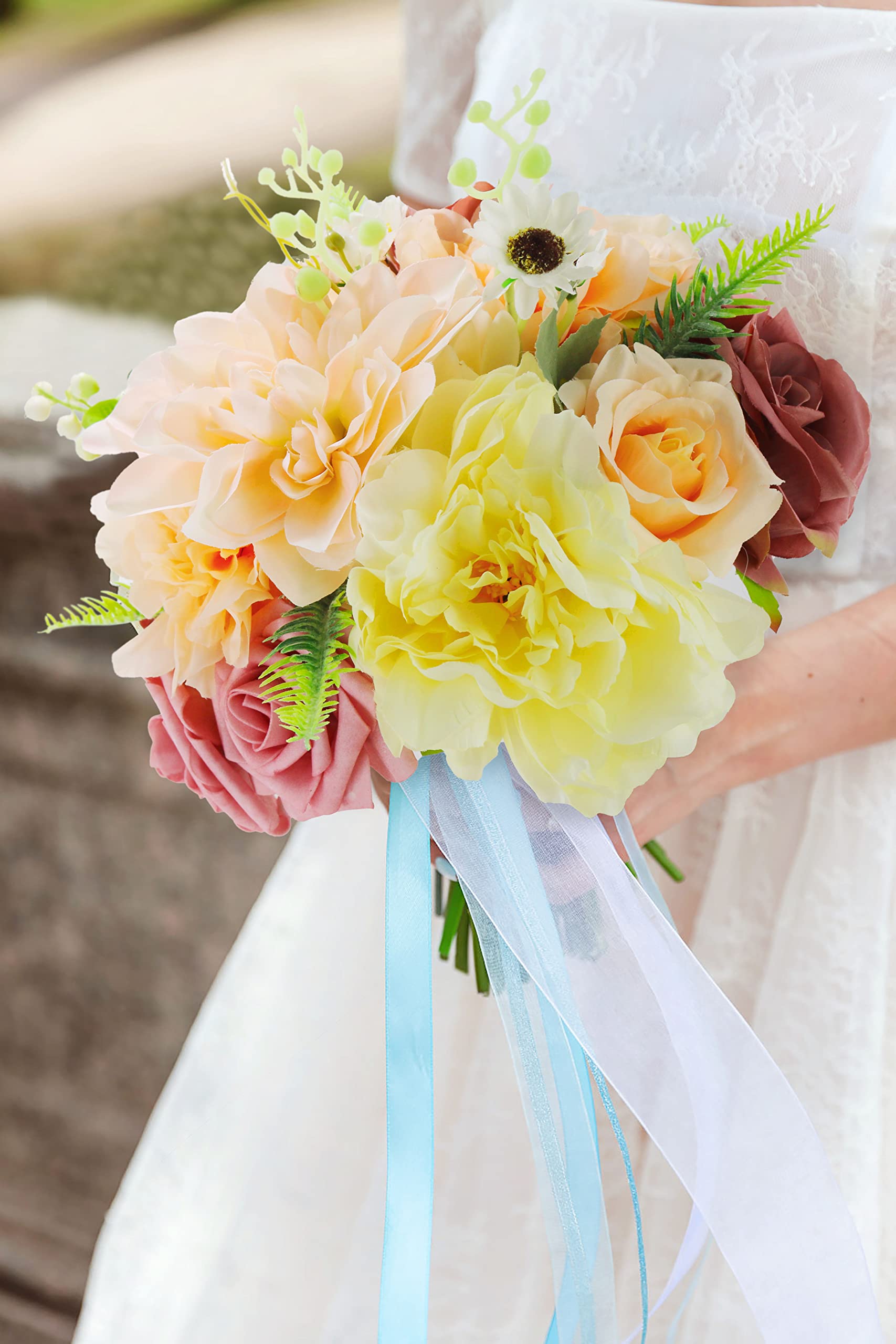 23pcs Artificial Silk Rose & Daisy Flower Bouquet with Stems - DIY Wedding Arch, Bridal Shower, Baby Shower, Home Decor & Party Centerpieces