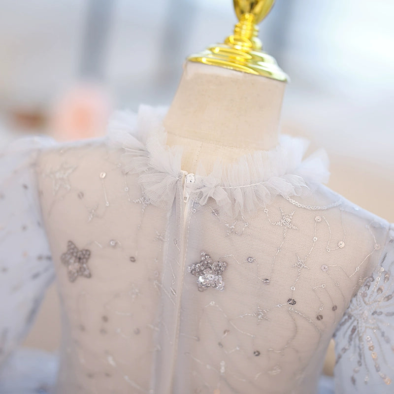 Elegant Grey Princess Round Tulle Flower Girl Dress for Weddings & Special Occasions