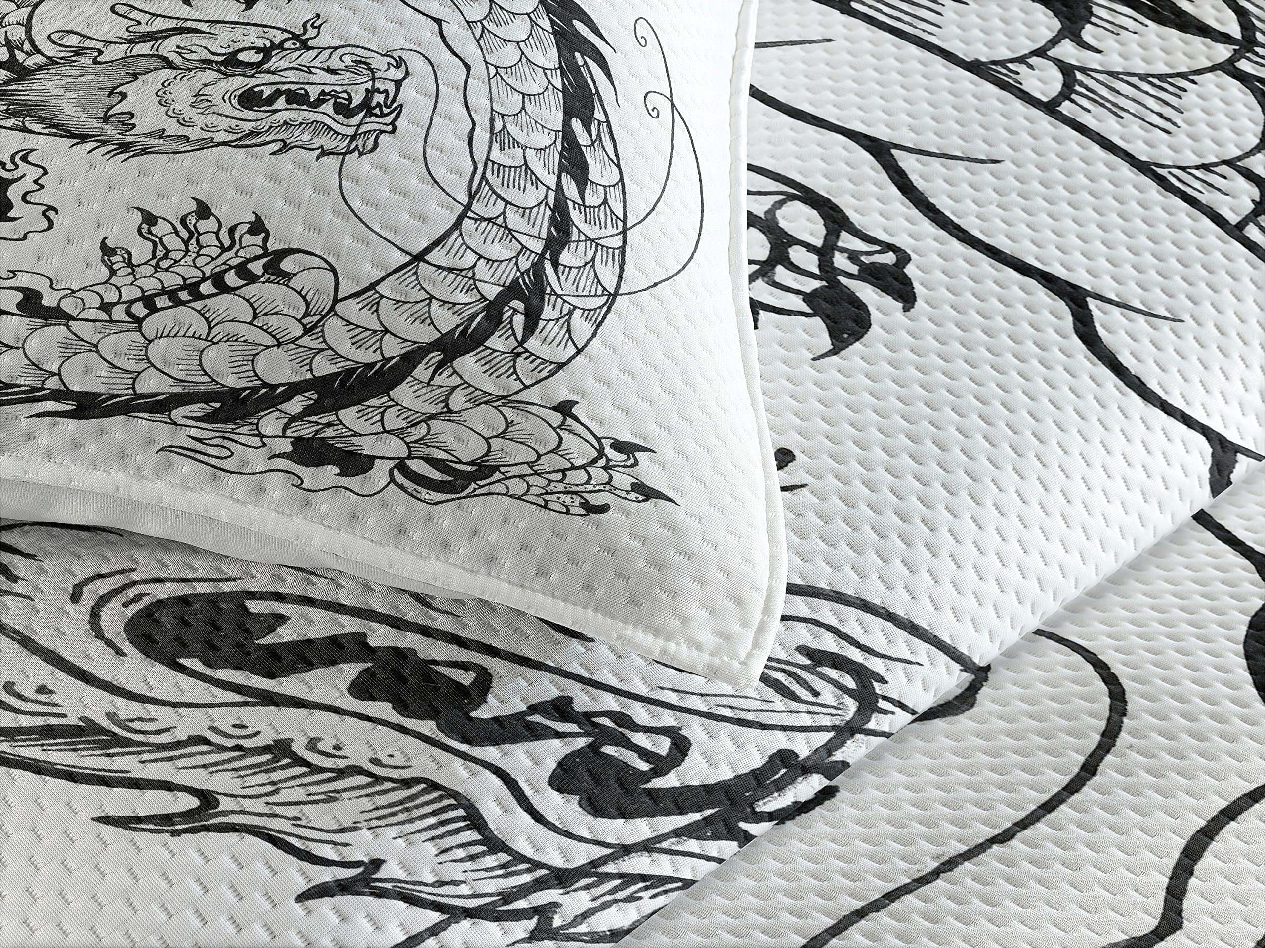 Ambesonne Dragon Quilt Set - Japanese Swirled Dragon Folk Art Bedspread with 2 Pillow Shams, King Size Black & White Bedding | Traditional Asian Home Decor for Master Bedroom & Guest Room