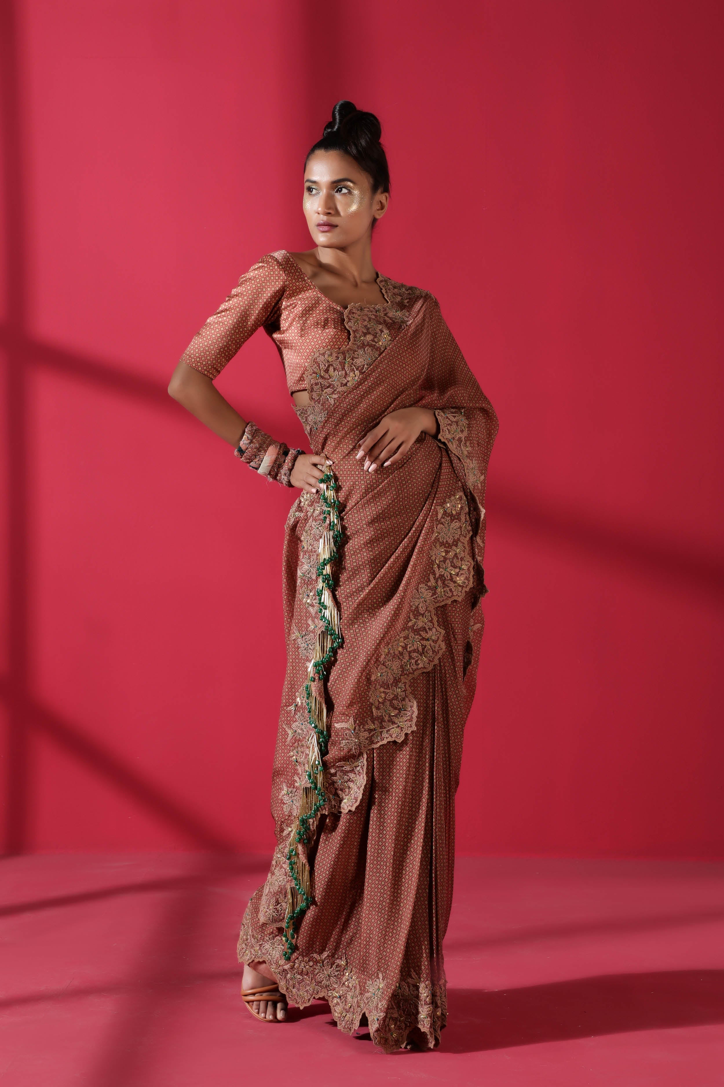 Terracotta Tile Print Two Piece Prepleated Saree with Organic Cotton Satin Blouse - Elegant Indian Ethnic Wear for Weddings & Festive Occasions