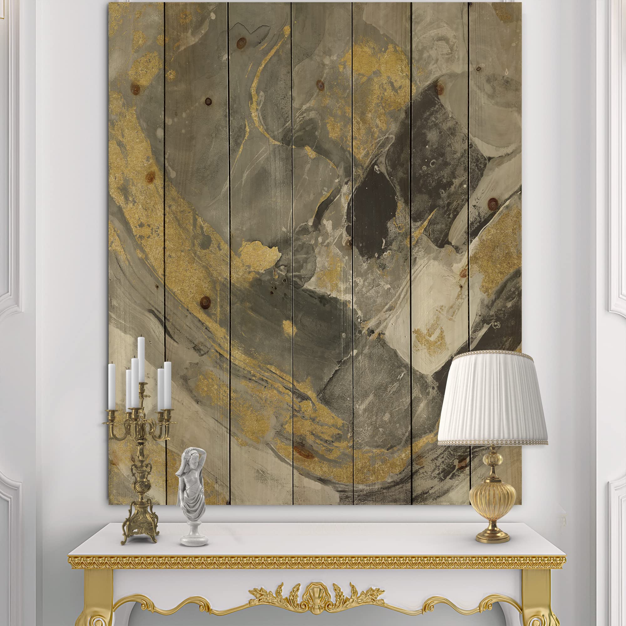 DesignQ Modern & Contemporary Wood Wall Art - Marble Gold & Black Abstract Wood Panels Printed on Natural Pine - Large Wood Wall Decor for Living Room, Bedroom, Office