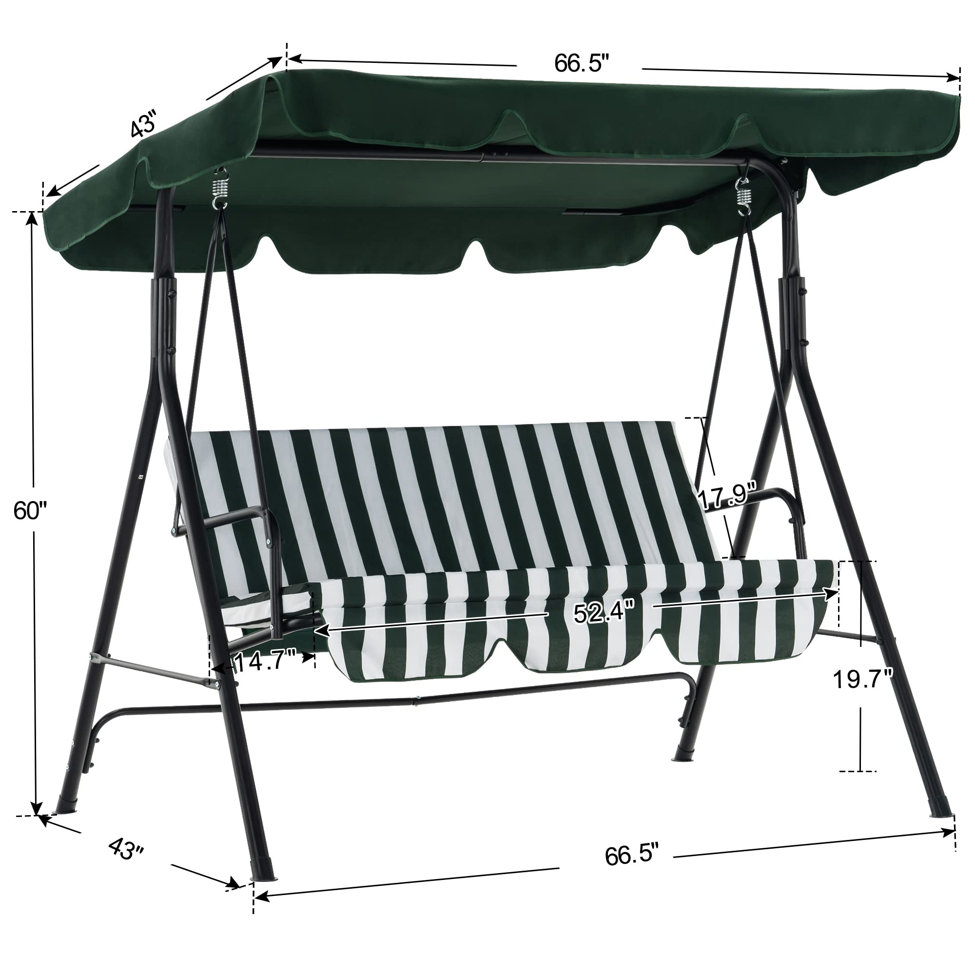 MCombo 2-3 Person Outdoor Patio Swing Chair with Canopy & Steel Stand - Removable Cushions, Weather-Resistant - Perfect for Backyard, Garden, Balcony, Porch (Green & White Stripes) | Relaxing, Lounging & Outdoor Decor