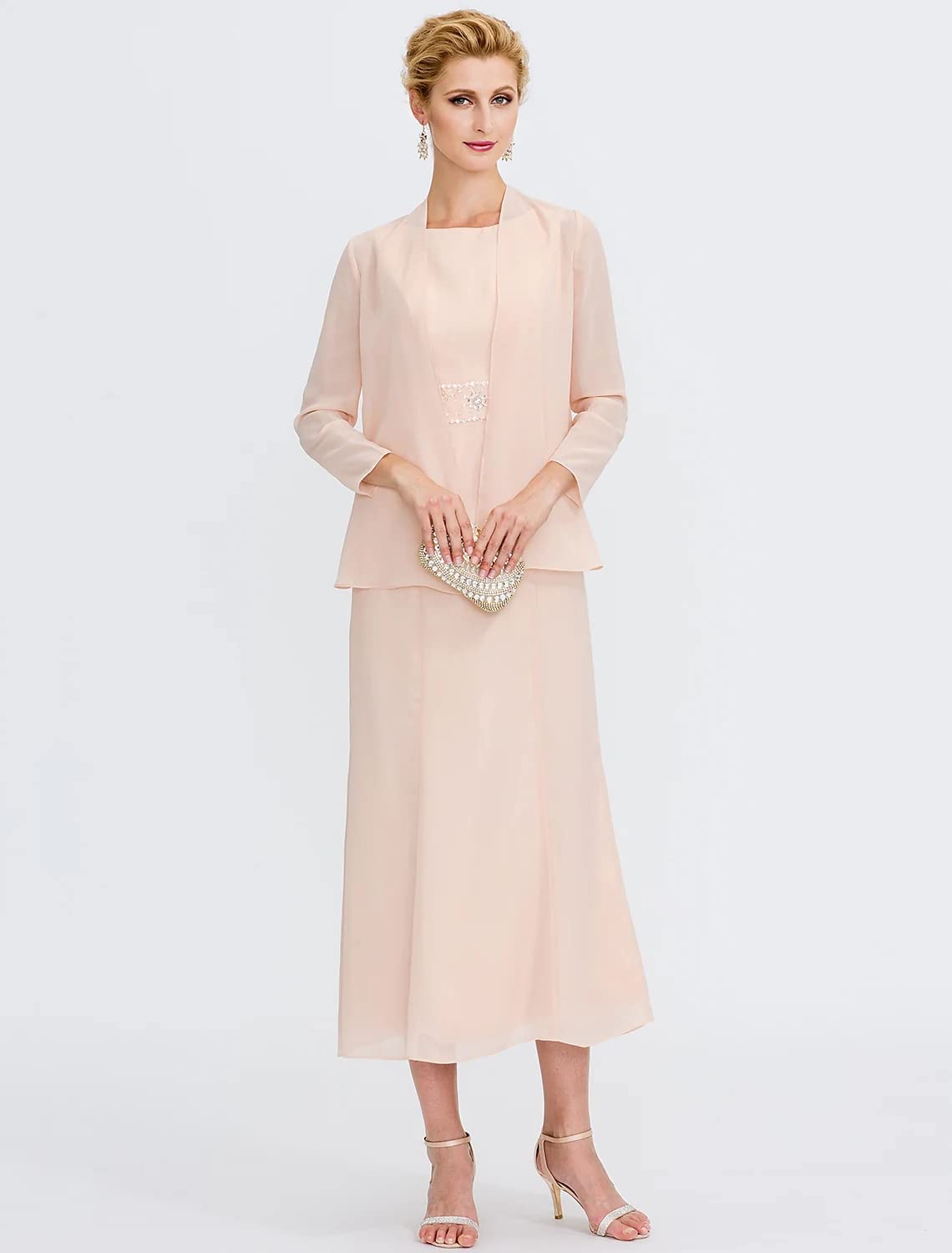 2 PCS Elegant Mother of The Bride Dresses - Chiffon Long Sleeve Beaded Wedding Guest Gown with Formal Cardigan for Evening Party, Special Occasions & Formal Events - Perfect for Weddings, Receptions, Galas & Black Tie Affairs