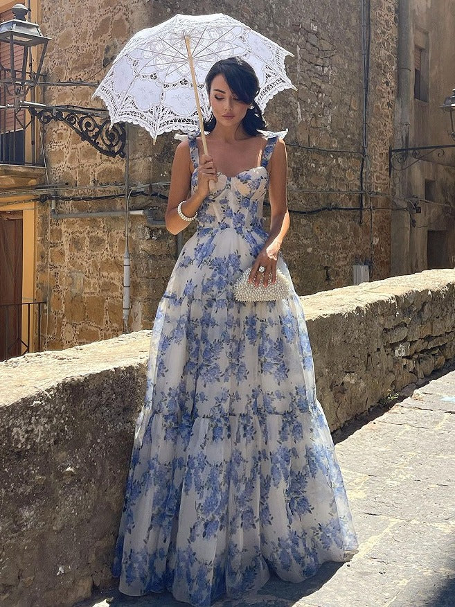 Elegant Chiffon Fairy Long Dress Floral Print Formal Gown for Senior Prom, Homecoming, and Evening Parties - Vintage 1986 Style Ball Gown for Women