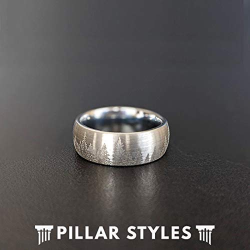 Men's Silver Tungsten Wedding Band - Unique Tree Ring Design, 8mm/6mm Width, Nature Inspired Forest Etching - Durable & Scratch Resistant Jewelry for Outdoor Enthusiasts | Perfect Gift for Him, Anniversary, or Nature Lover