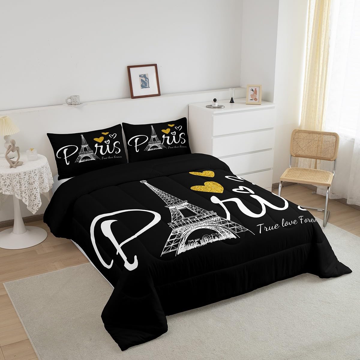 Erosebridal Paris Themed Queen Size Comforter Set - 3 Piece Romantic Eiffel Tower Bedding with Duvet Insert & 2 Pillowcases | Ultra Soft Lightweight Down Alternative Quilt in Black & White | Perfect for Master Bedroom, Guest Room & Parisian Themed Decor