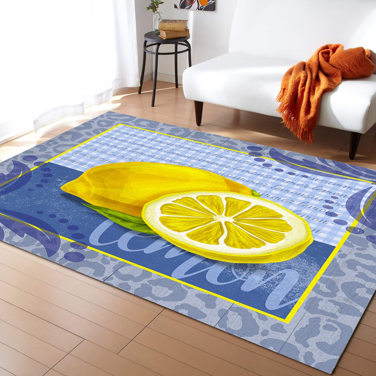 Soft Non-Slip Area Rug - Summer Fresh Lemon Blue Buffalo Check Plaid Retro Leopard Print Durable Indoor Floor Carpet | Low Profile Runner for Living Room, Bedroom & Kitchen | Cozy Home Decor & Pet-Friendly Floor Mat