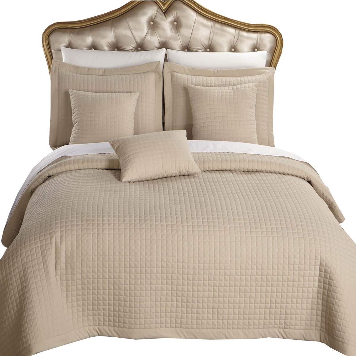 Royal Hotel 7-Piece Bedding Set - Cal King Size Checkered Quilt, Bedspread, Sheets & Coverlet in Linen-Beige | Luxury Bed in a Bag for Hotels, Guest Rooms & Master Bedrooms