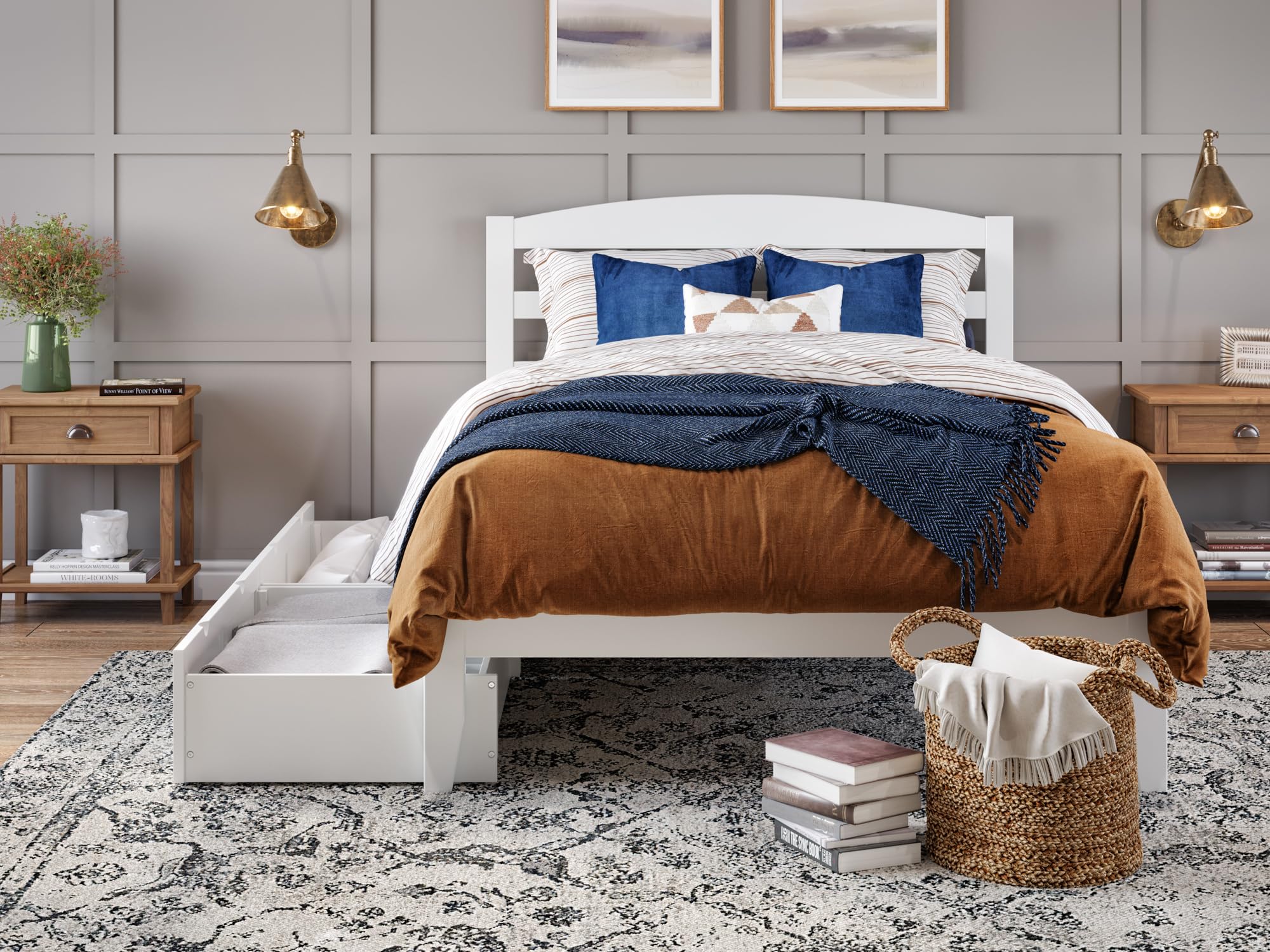 AFI Warren Full Size Platform Bed Frame with Storage Drawers (Set of 2) & Built-in USB Charging Ports - White Modern Bedroom Furniture for Small Spaces & Studio Apartments