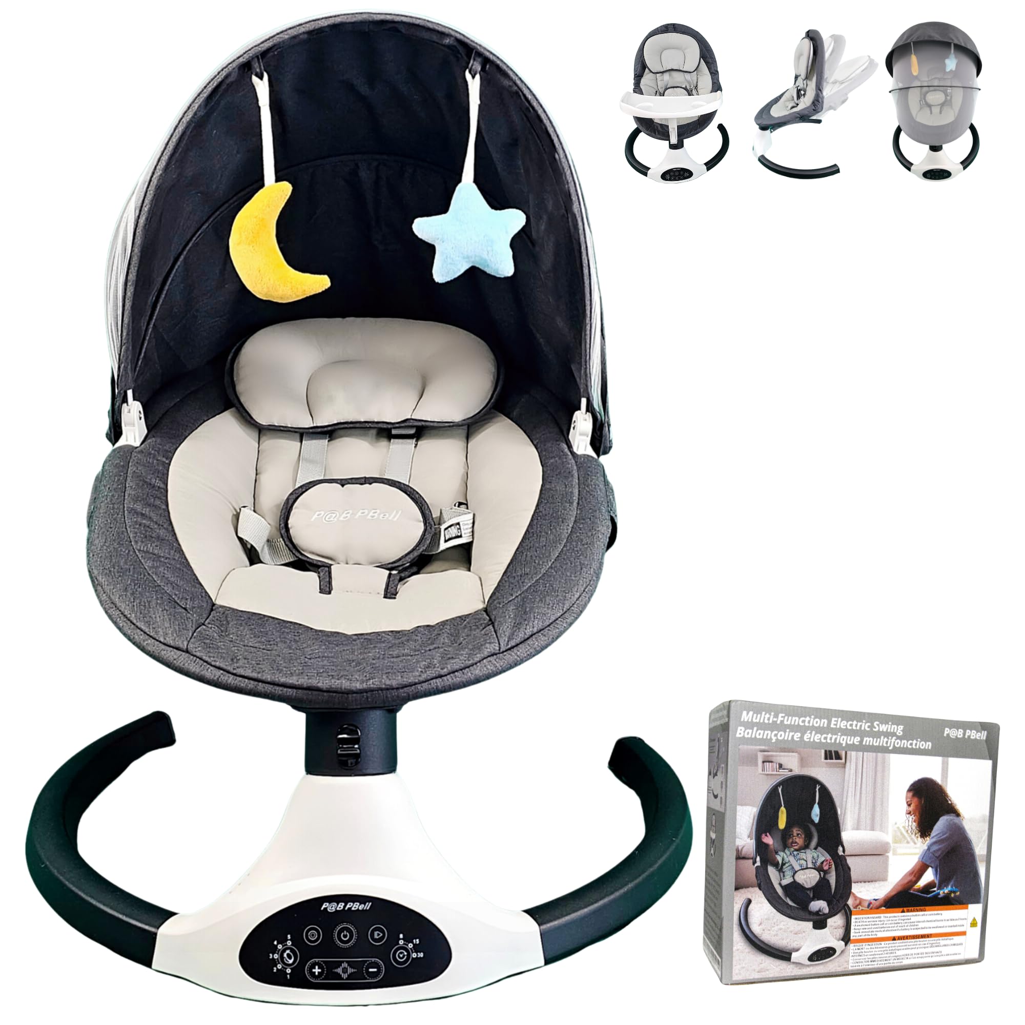 PBell Electric Baby Swing for Infants & Toddlers - Portable Bluetooth Baby Swinger with 5 Speeds, Remote Control & Music Speaker - Newborn Rocker with 5-Point Safety Belt & 2 Toys (Black) - Perfect for Nursery, Travel & Soothing Fussy Babies