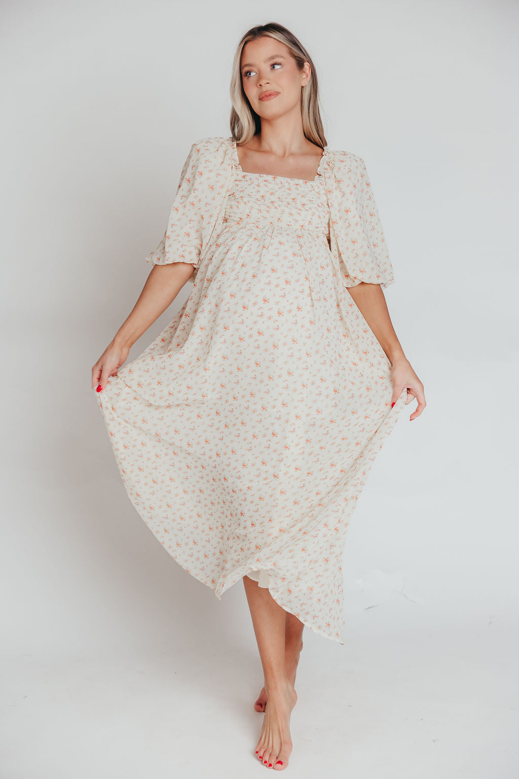 Melody Maxi Dress with Pleats & Bow Detail - Ivory Floral Print Maternity Dress | Bump Friendly & Inclusive Sizing (S-3XL) | Perfect for Weddings, Baby Showers & Summer Events