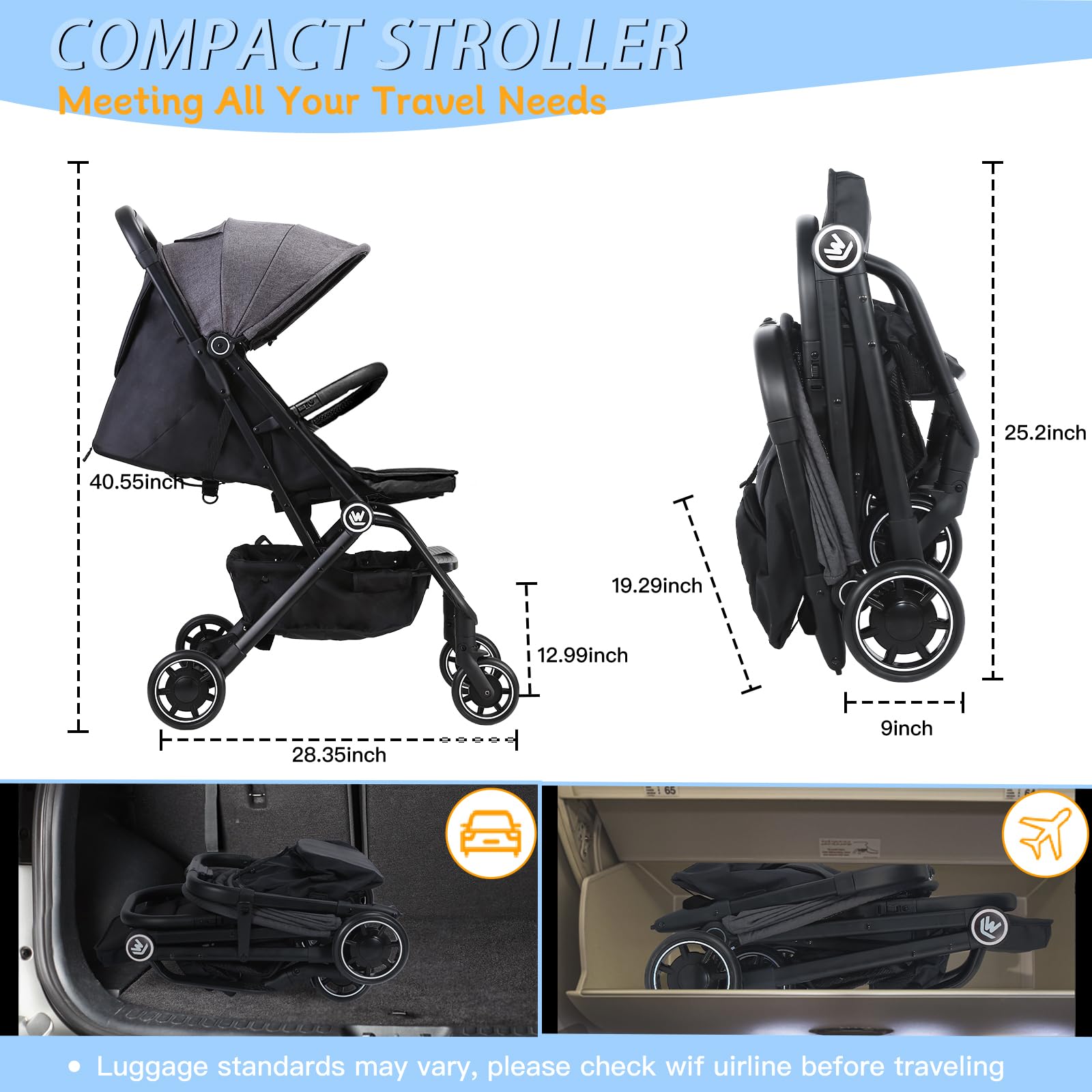 Lightweight Compact Baby Stroller for Travel - One Hand Foldable with Hidden Foot Cover & Sleep Shade, Oversized Storage Basket | Perfect for Airplane Trips & Everyday Use