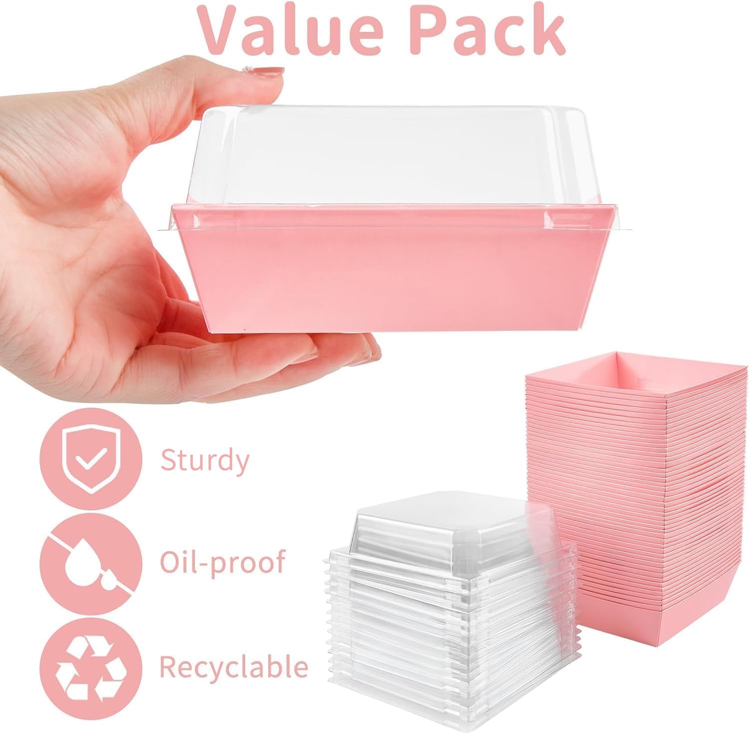 50 Pack Small Charcuterie Boxes with Clear Lids - 4 Inch Disposable Bakery Dessert Boxes for Cookies, Cake Slices, Mini Cakes, Chocolates & Strawberries | Perfect for Party Favors, Wedding Treats, Gift Boxes & Takeout Food Containers (Pink)