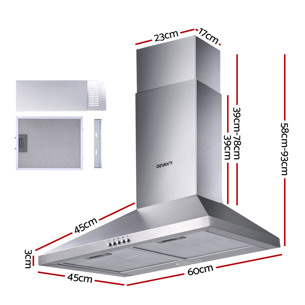 Devanti 600mm Stainless Steel Range Hood - 60cm Kitchen Exhaust Fan with Powerful Suction for Smoke & Odor Removal - Perfect for Modern Home Cooking