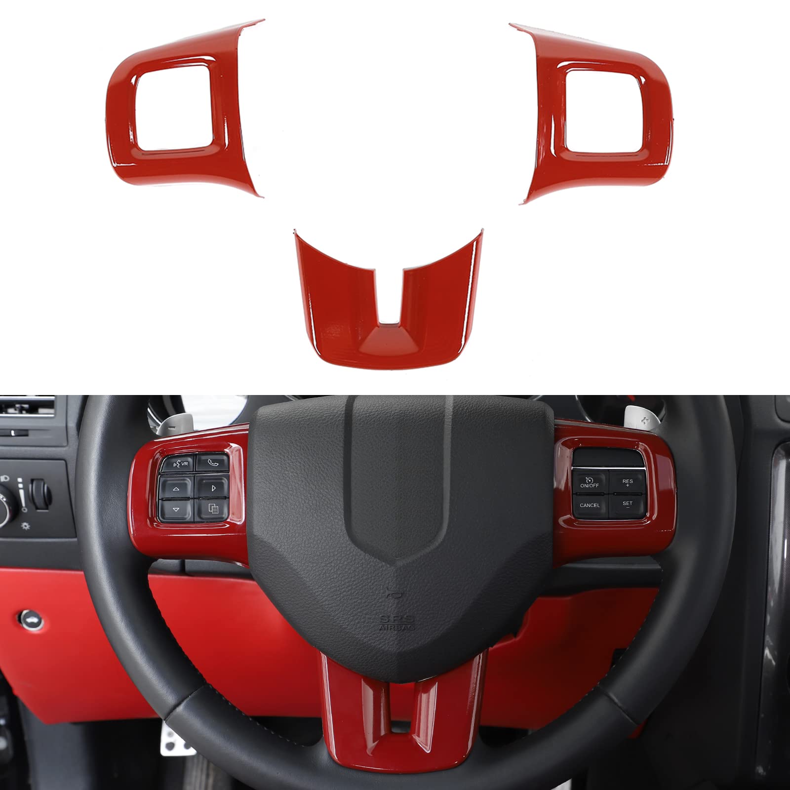 Premium Steering Wheel Trim Cover for Dodge Challenger/Charger/Durango/Dart (2009-2014) & Journey (2013-2022) - 3-Piece Red Interior Accessories - Perfect for Car Customization & Protection