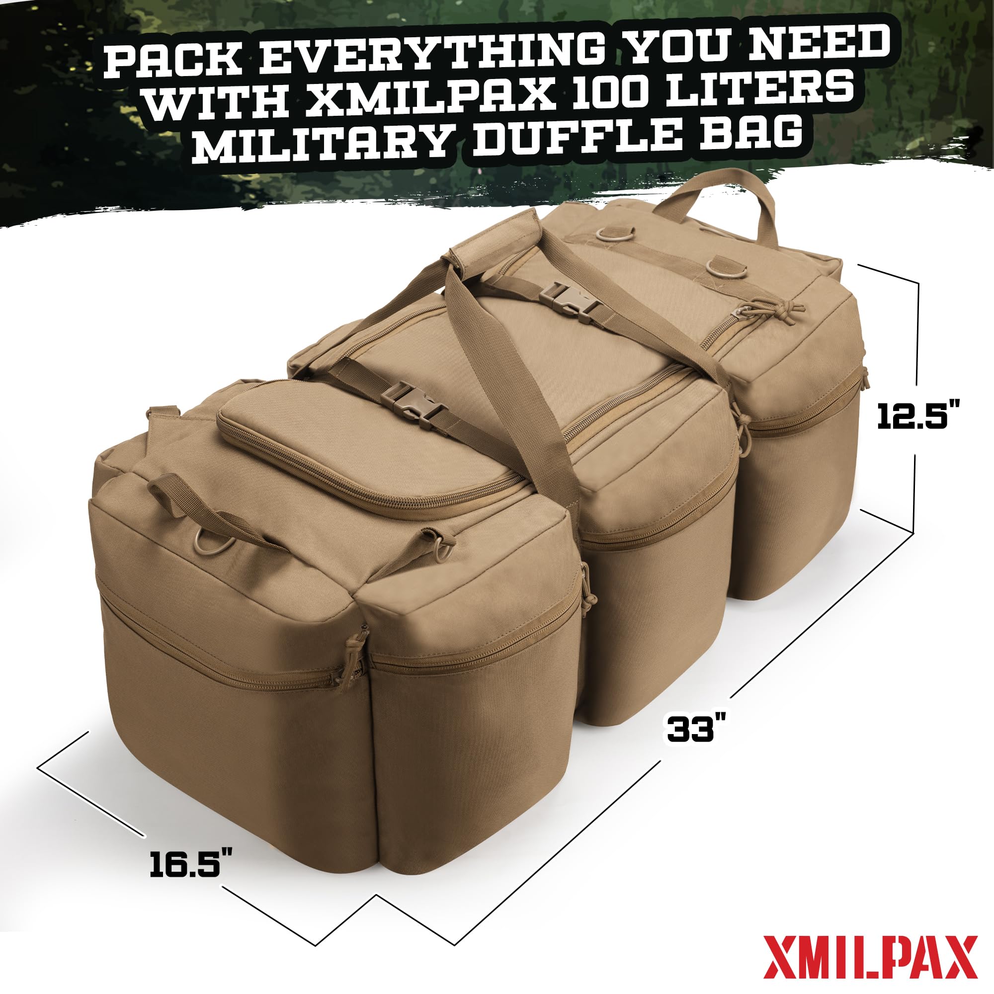 XMILPAX 100L Large Military Duffle Bag - Heavy Duty Deployment Duffel for Travel, Sports Equipment & Gym Gear - Detachable Backpack Straps - Coyote Tan - Perfect for Camping, Hiking & Military Use