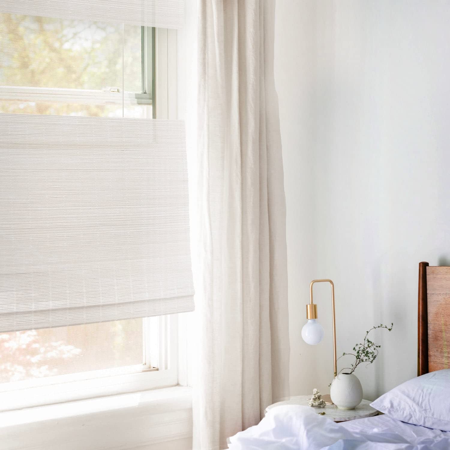 Custom Bamboo Roman Shades - Top Down Bottom Up Cordless Window Treatment for Doors & Windows | Natural Woven & Sheer White Dough Options | 53.5
